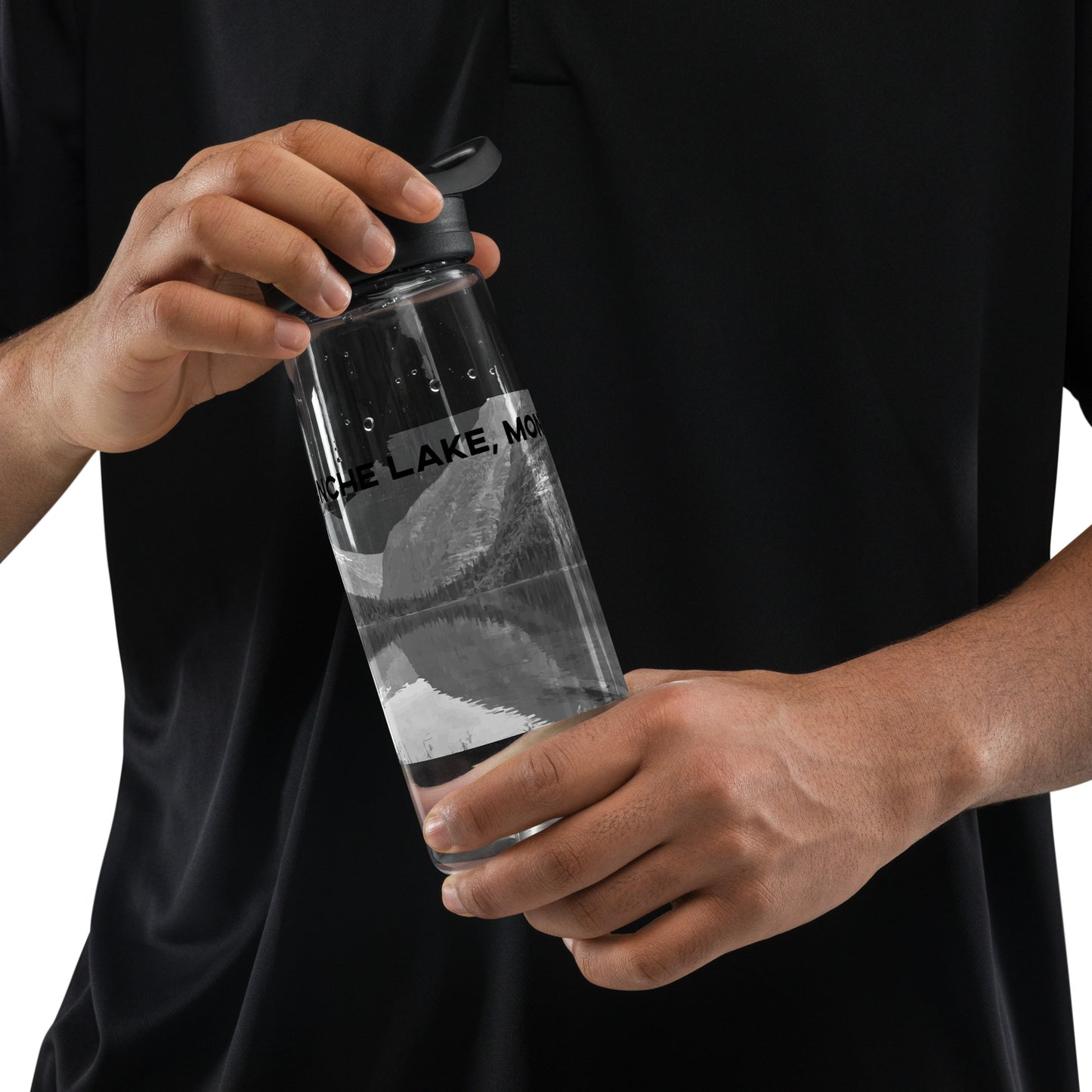 Man carrying view of Avalanche Lake in Glacier National Park Montana Charcoal Bottle With Straw from Park Attire