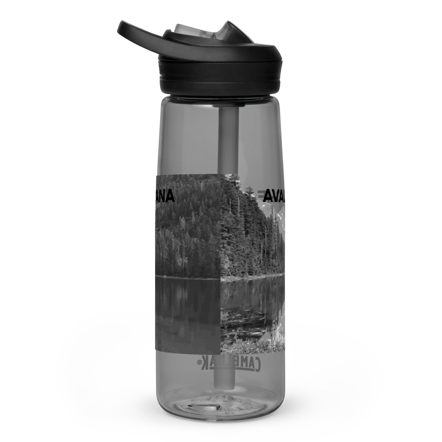 Back view of Avalanche Lake in Glacier National Park Montana Charcoal Sports Water Bottle from Park Attire