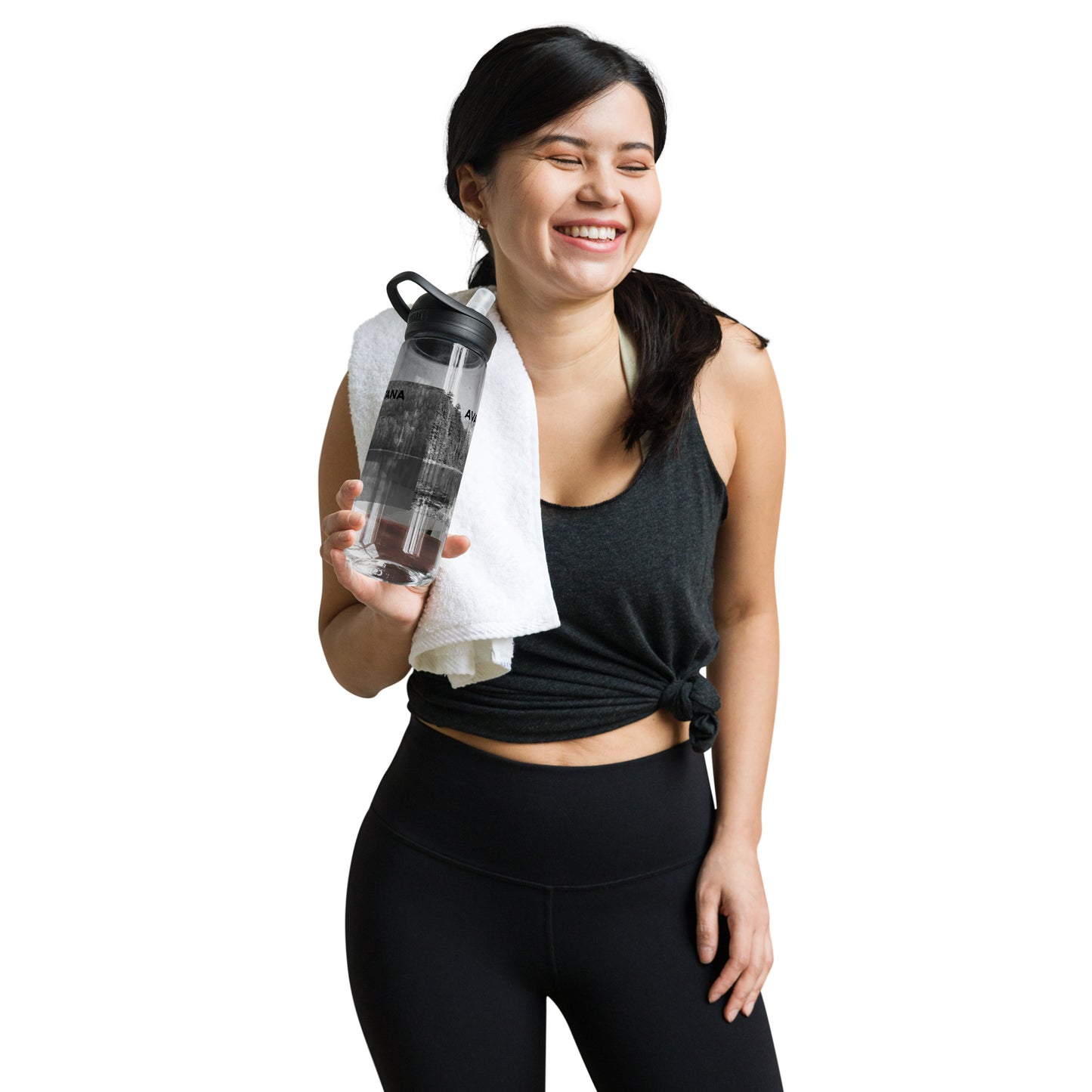 Woman carrying view of Avalanche Lake in Glacier National Park Montana Charcoal Transparent Water Bottle from Park Attire