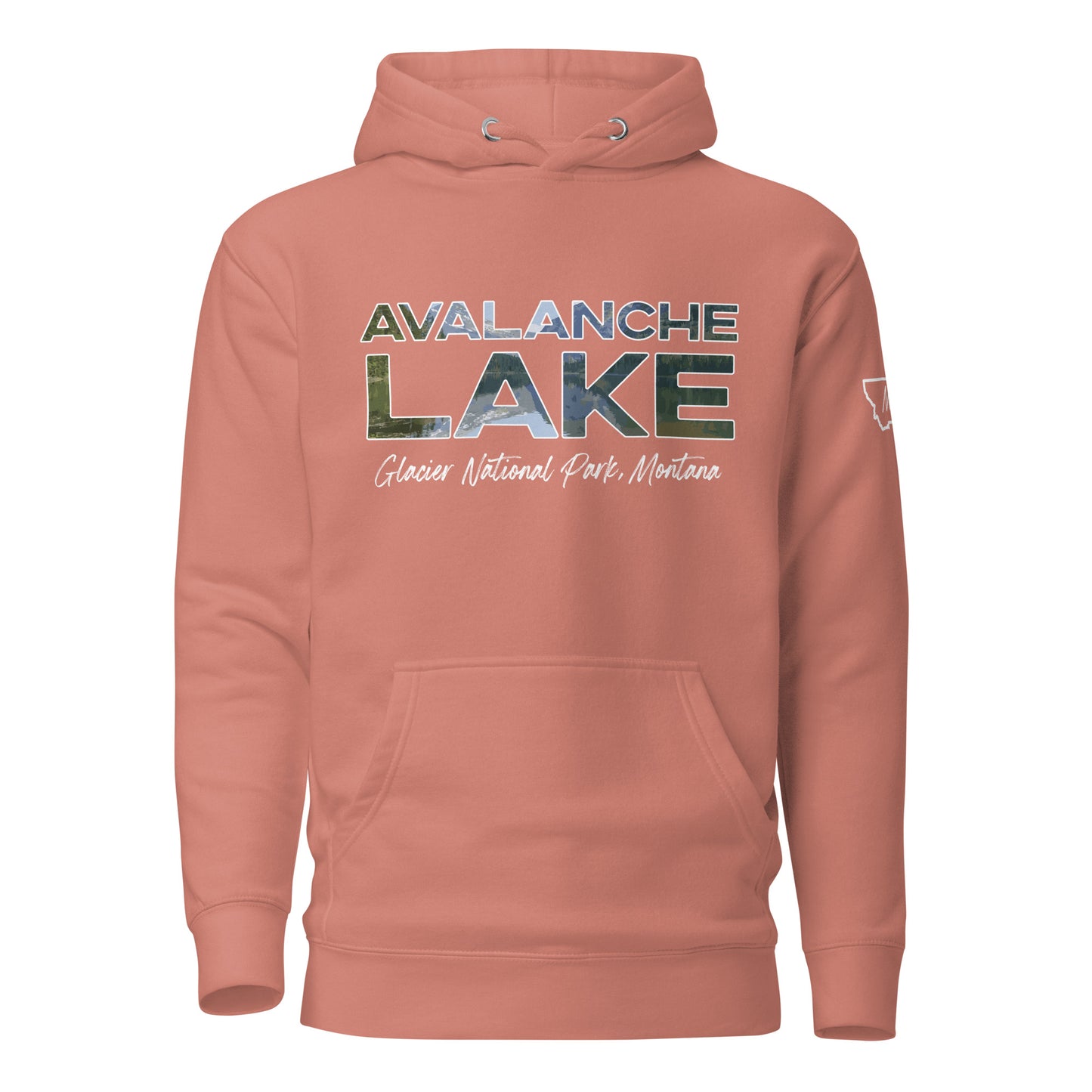 Front view of Avalanche Lake in Glacier National Park Montana Dusty Rose Hoodie from Park Attire