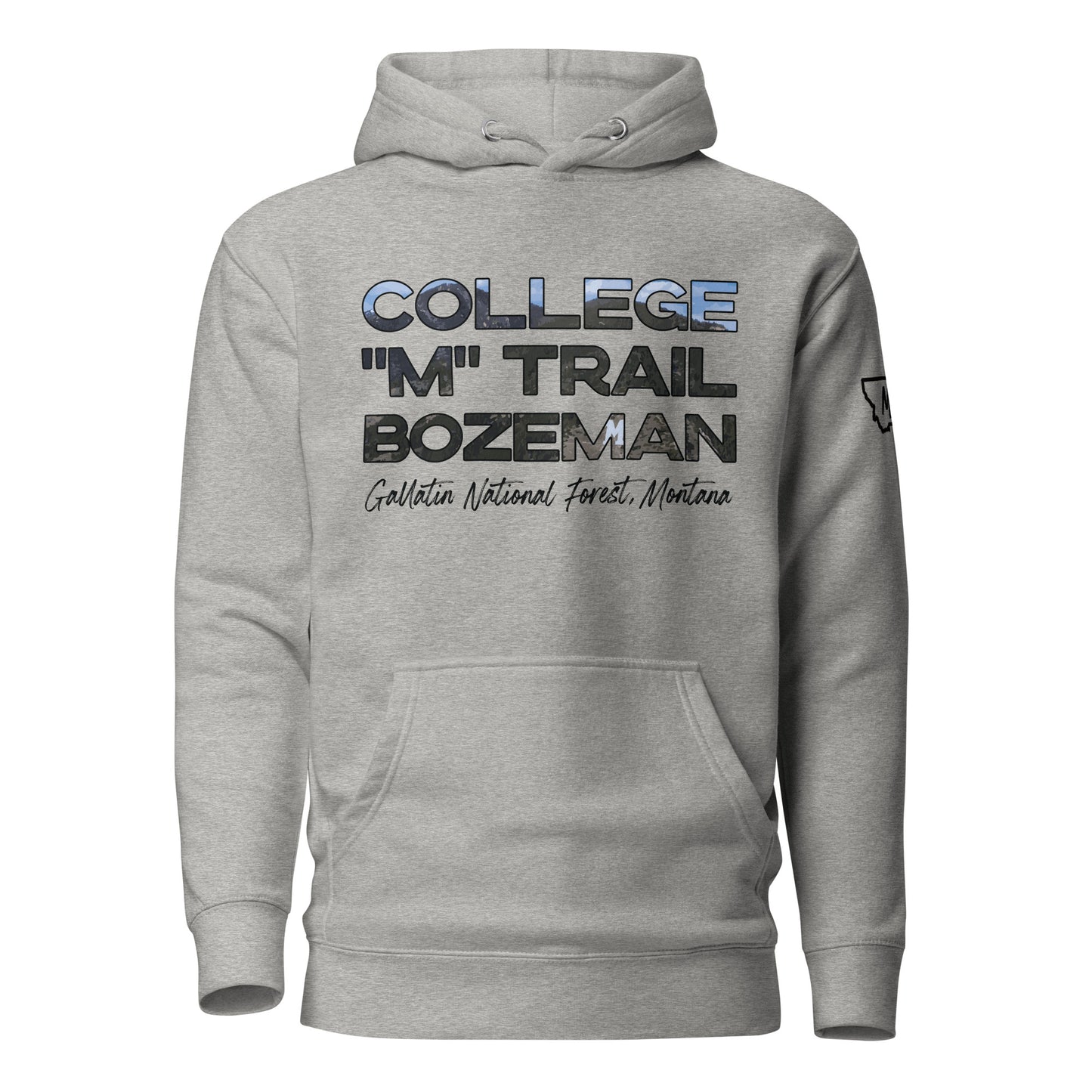Front view of College M Trail in Custer Gallatin National Forest Bozeman Montana Carbon Grey Hoodie from Park Attire