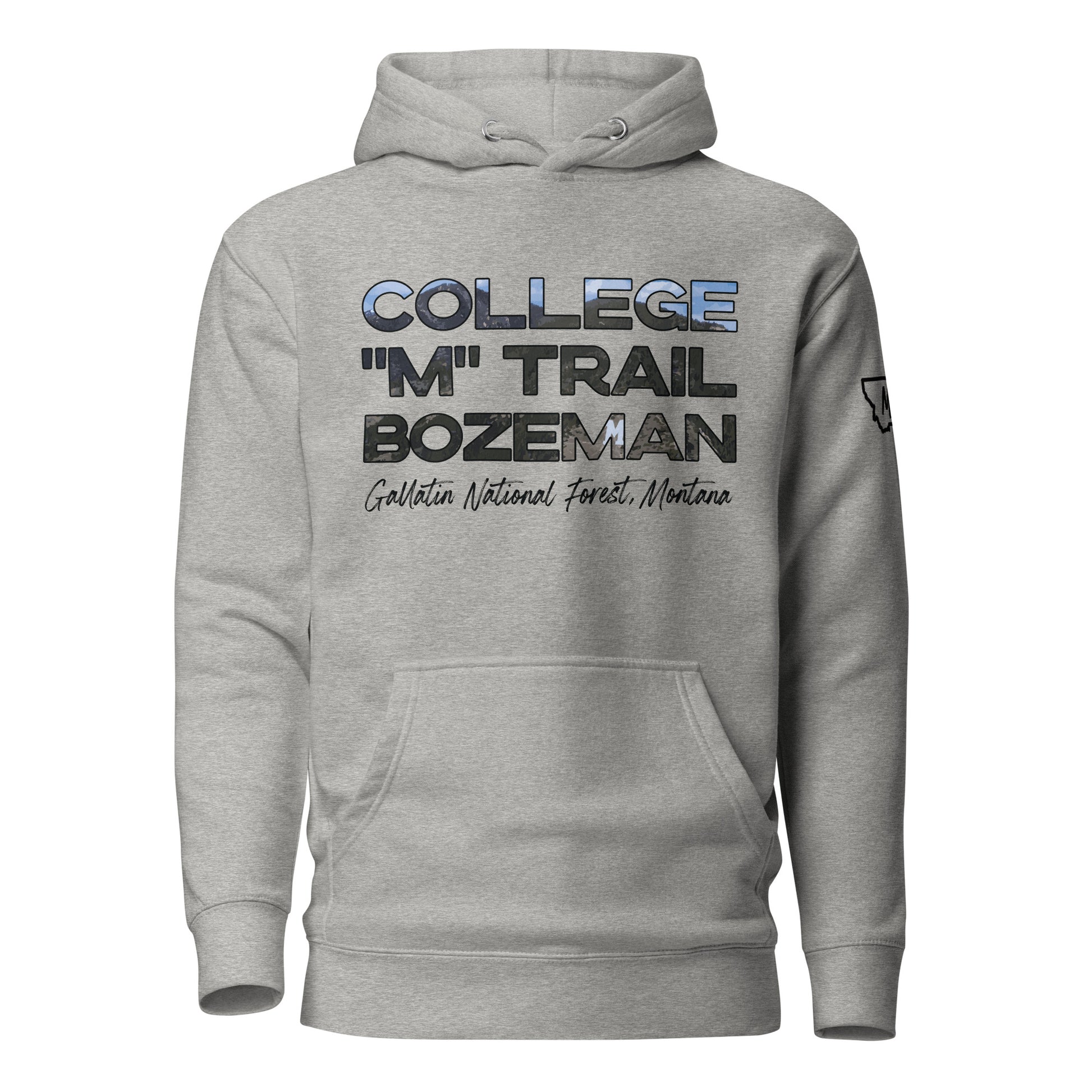 Front view of College M Trail in Custer Gallatin National Forest Bozeman Montana Carbon Grey Hoodie from Park Attire