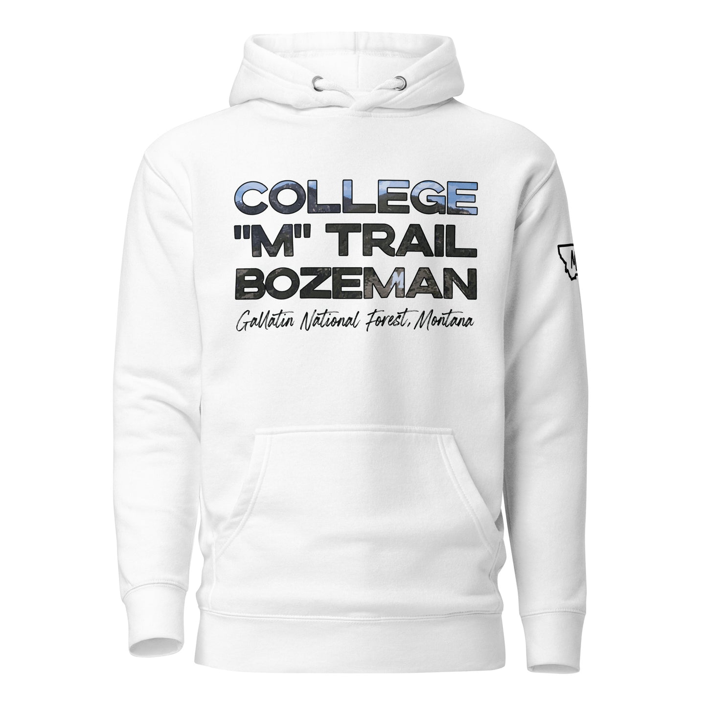 Front view of College M Trail in Custer Gallatin National Forest Bozeman Montana White Hoodie from Park Attire