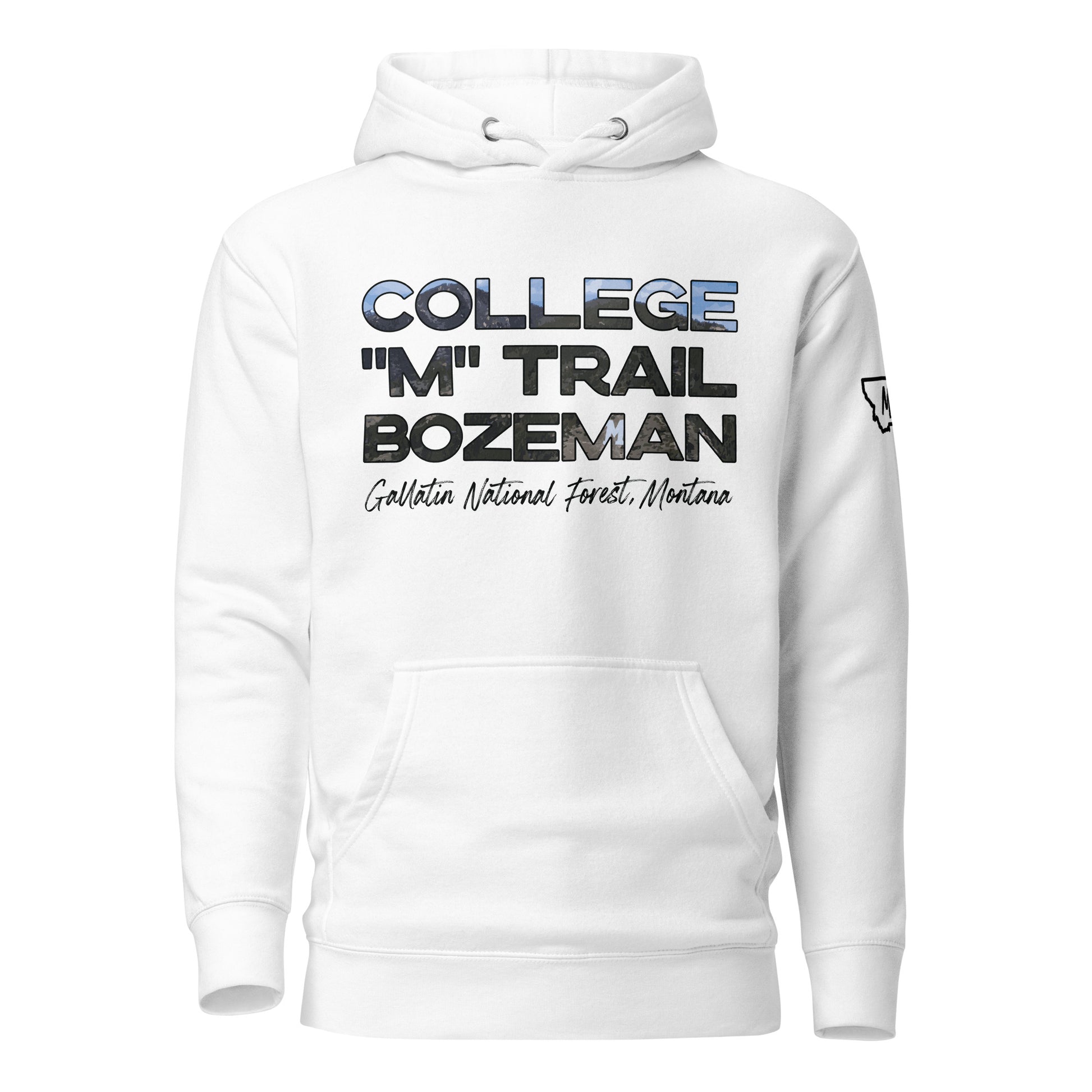 Front view of College M Trail in Custer Gallatin National Forest Bozeman Montana White Hoodie from Park Attire