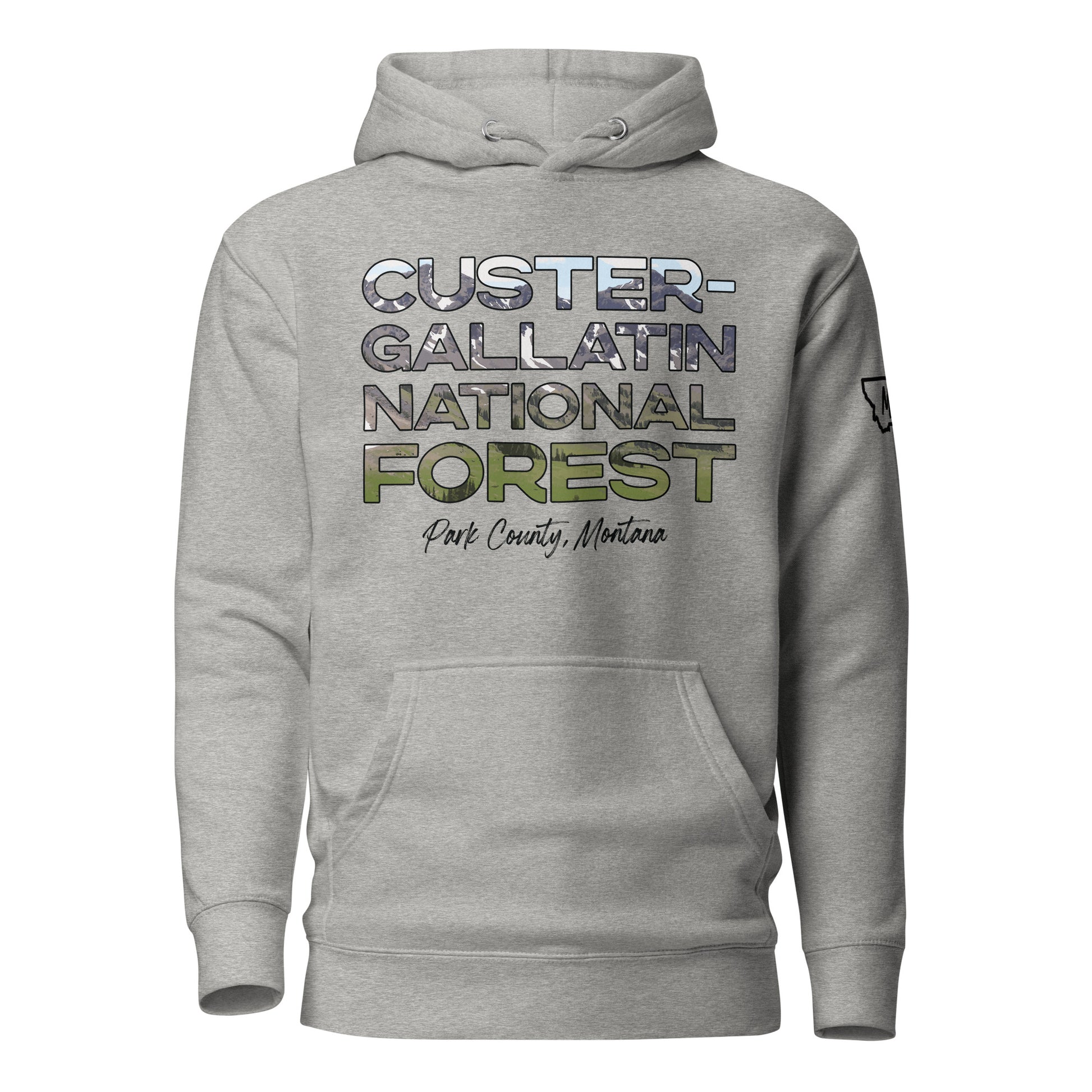 Front view of Gallatin Mountain Range in Custer Gallatin National Forest Montana Carbon Grey Hoodie from Park Attire