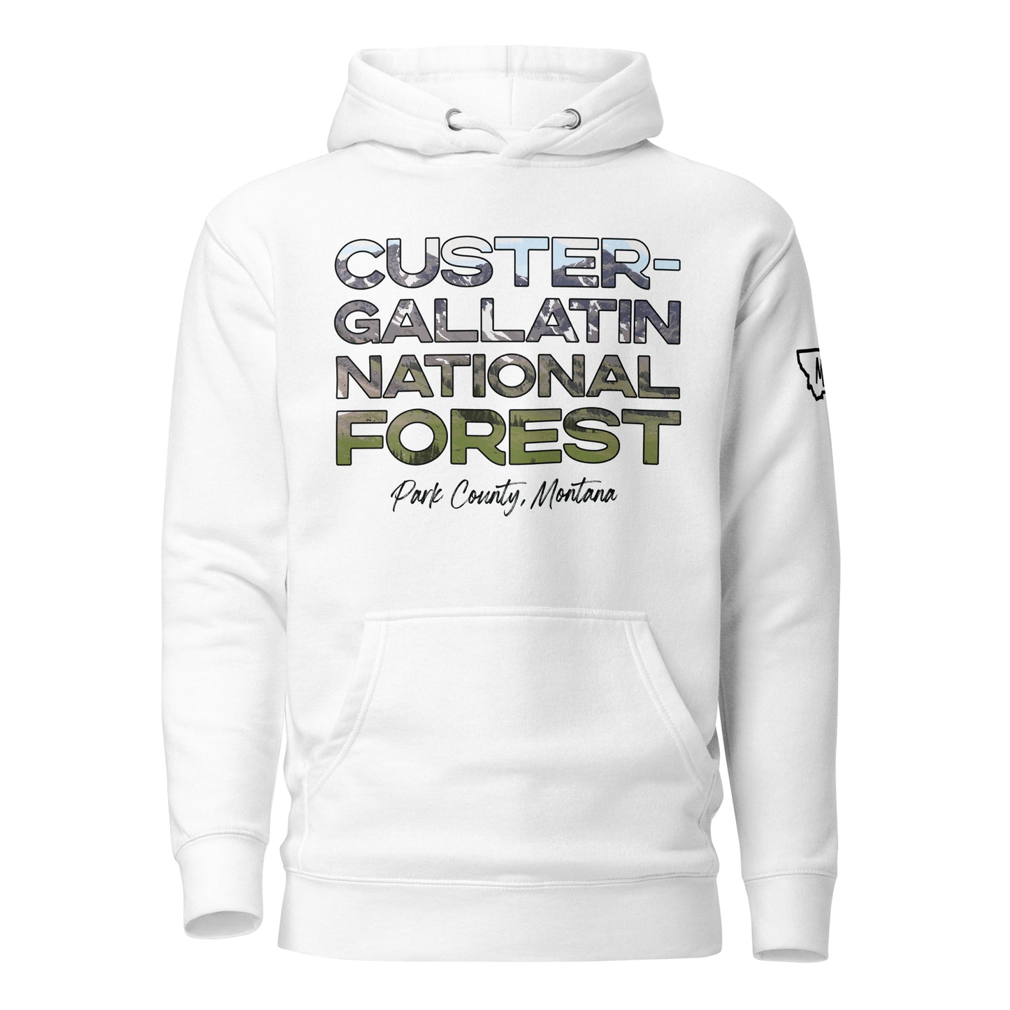 Front view of Gallatin Mountain Range in Custer Gallatin National Forest Montana White Hoodie from Park Attire