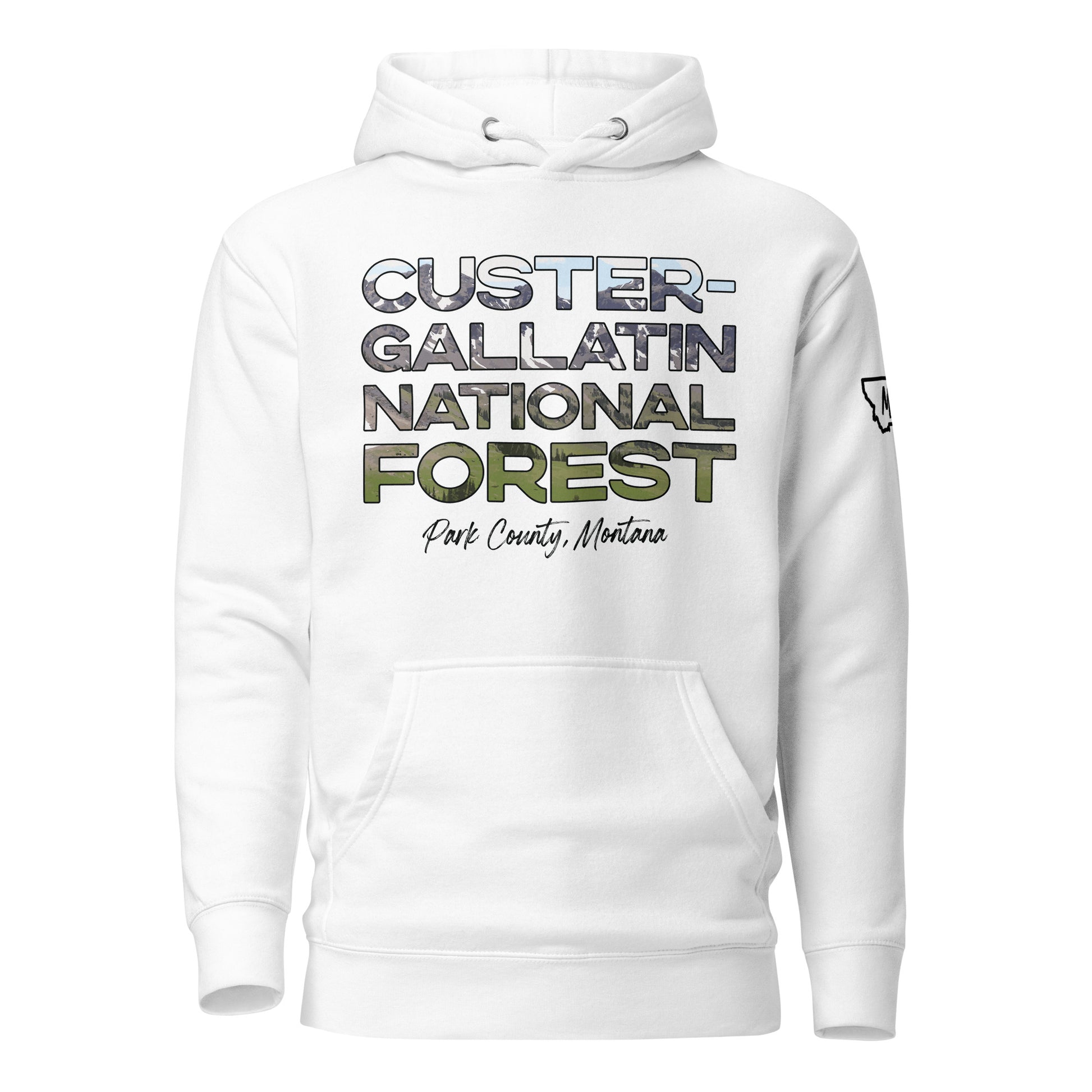 Front view of Gallatin Mountain Range in Custer Gallatin National Forest Montana White Hoodie from Park Attire