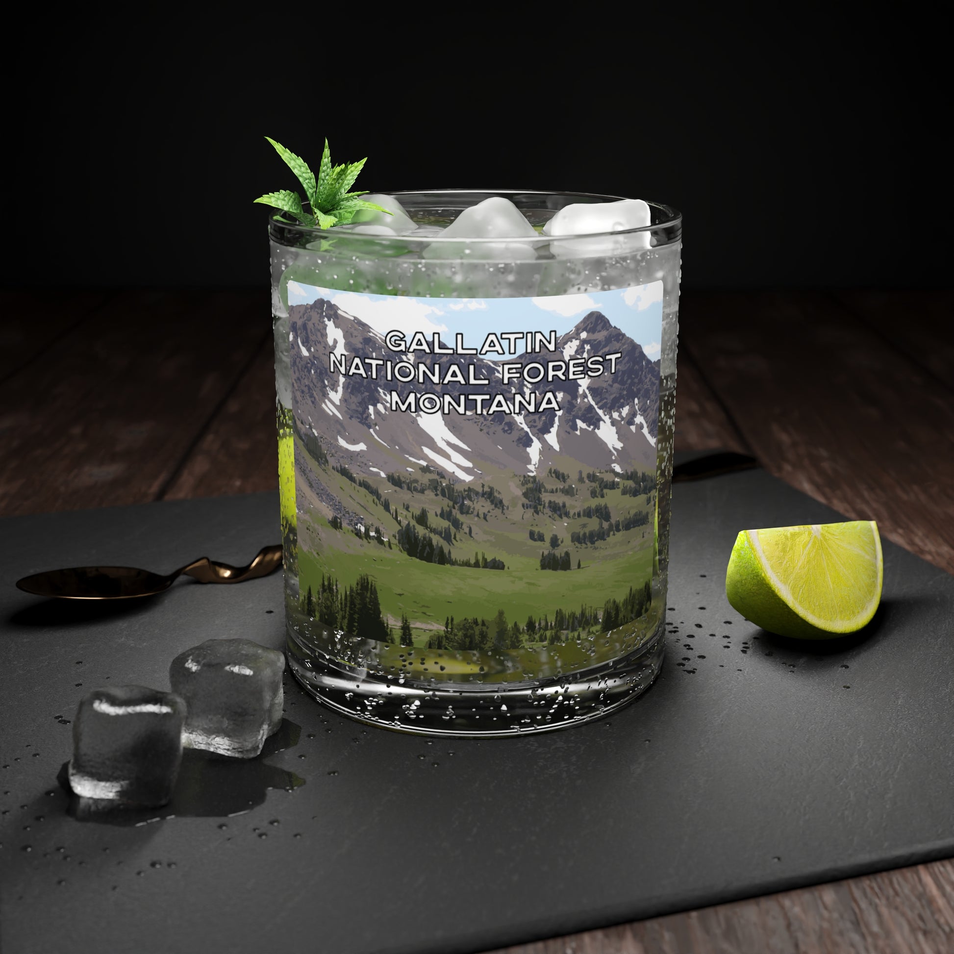 Front view of Gallatin Mountain Range in Gallatin National Forest Montana Scotch Glass from Park Attire