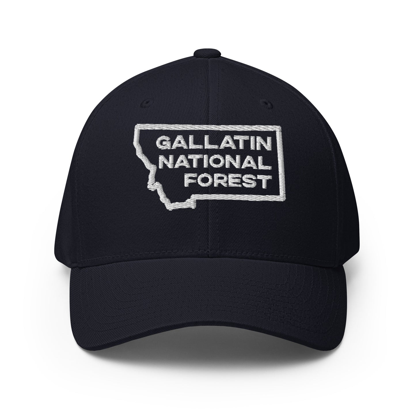 Front view of Gallatin Mountain Range in Gallatin National Forest Montana Dark Navy Men's Flexfit Hat from Park Attire