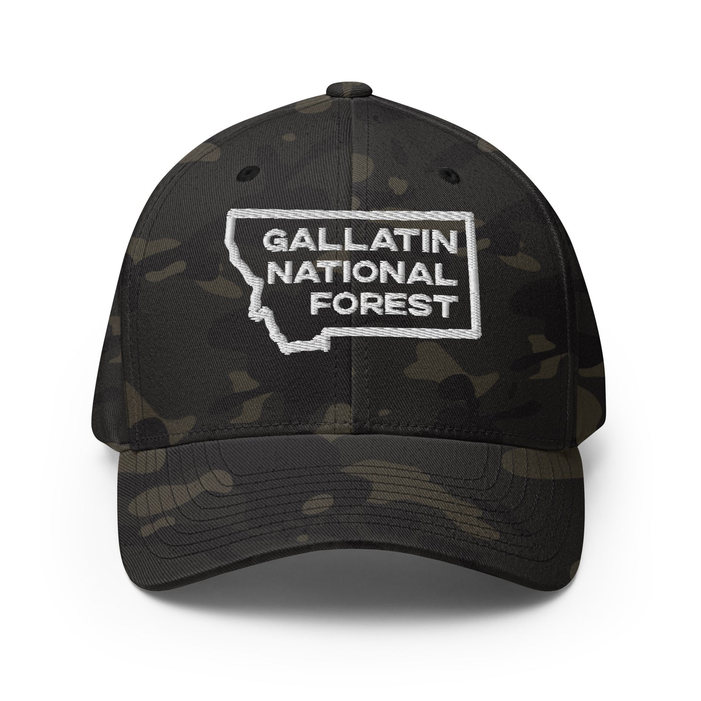 Front view of Gallatin Mountain Range in Gallatin National Forest Montana Multicam Charcoal Men's Flexfit Hat from Park Attire