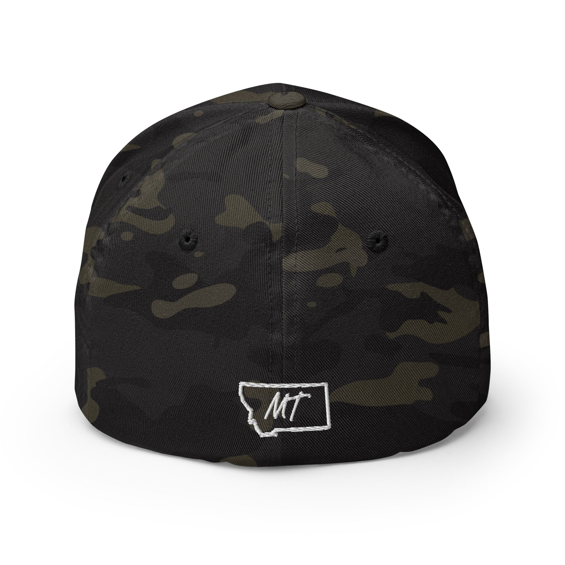 Back view of Glacier National Park in Montana Multicam Charcoal Flexfit 6277 Hat from Park Attire