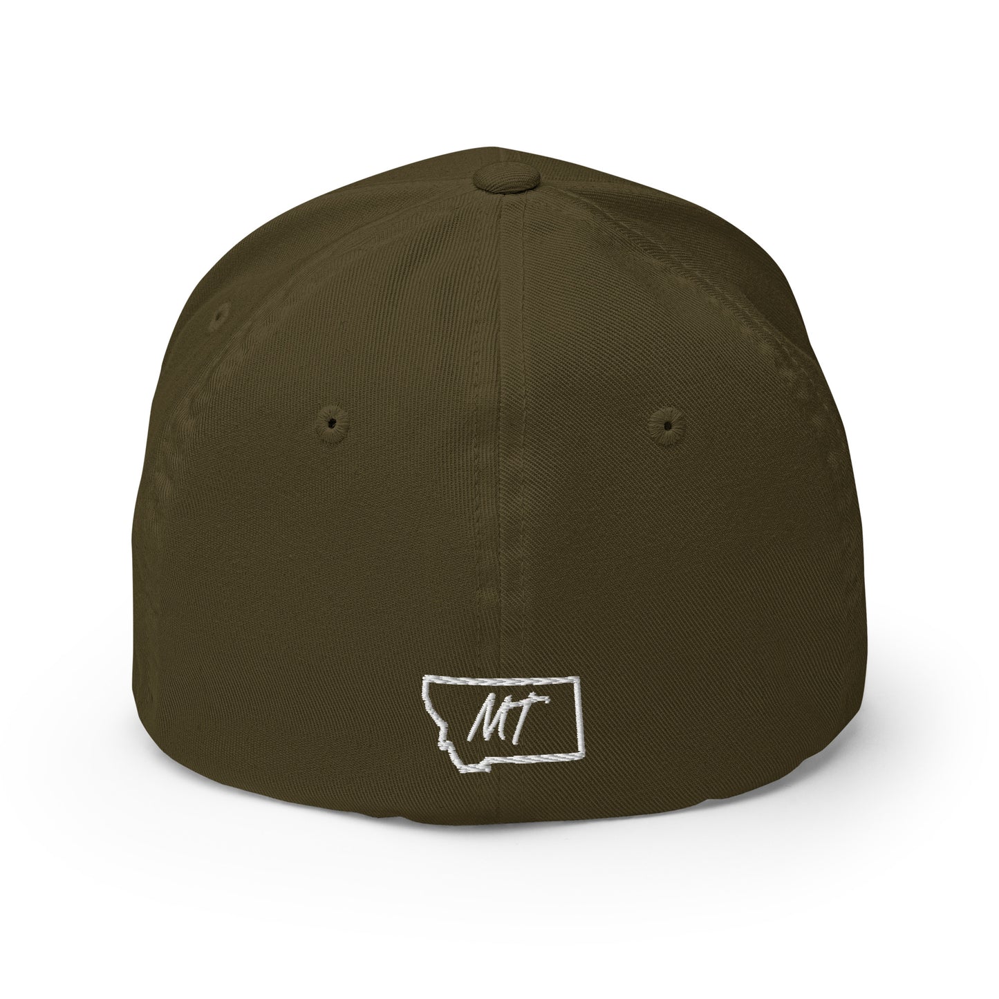 Back view of Glacier National Park in Montana Olive Flexfit 6277 Hat from Park Attire