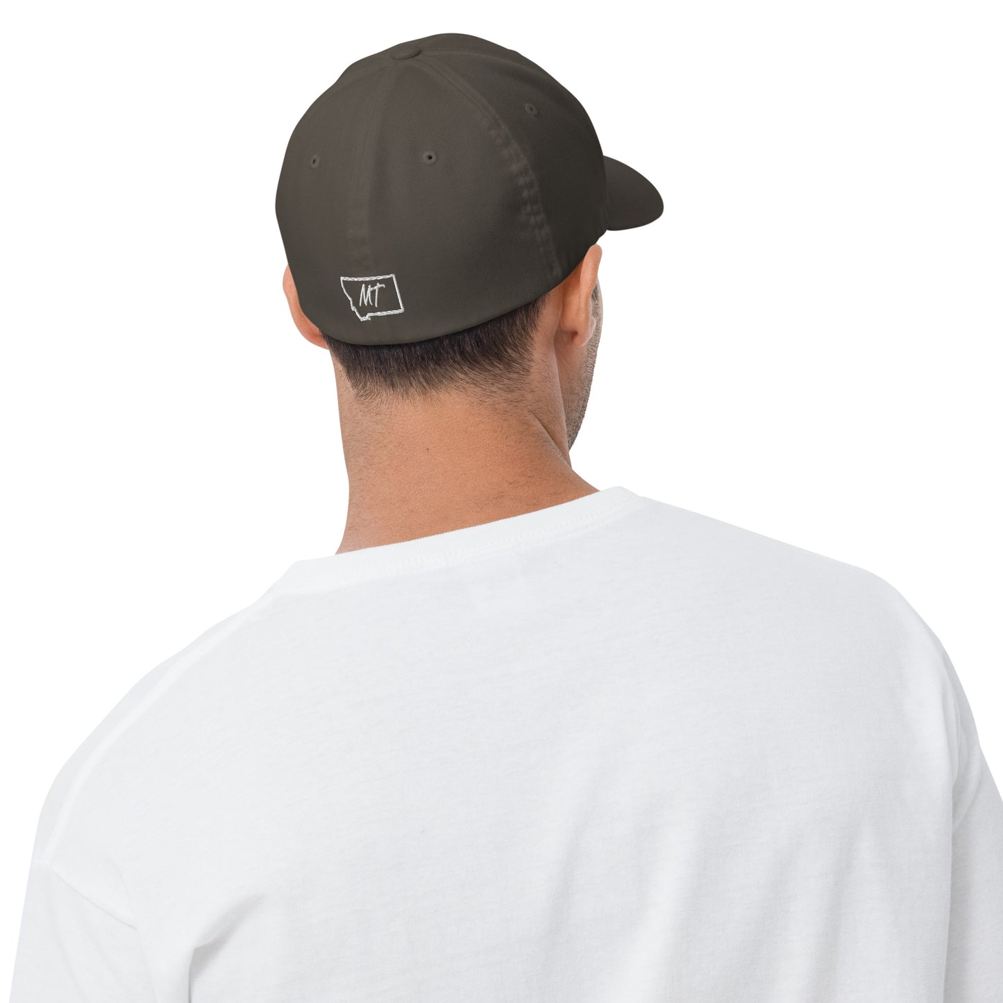Back-Side view of Glacier National Park in Montana Charcoal Men's Flexfit Cap from Park Attire