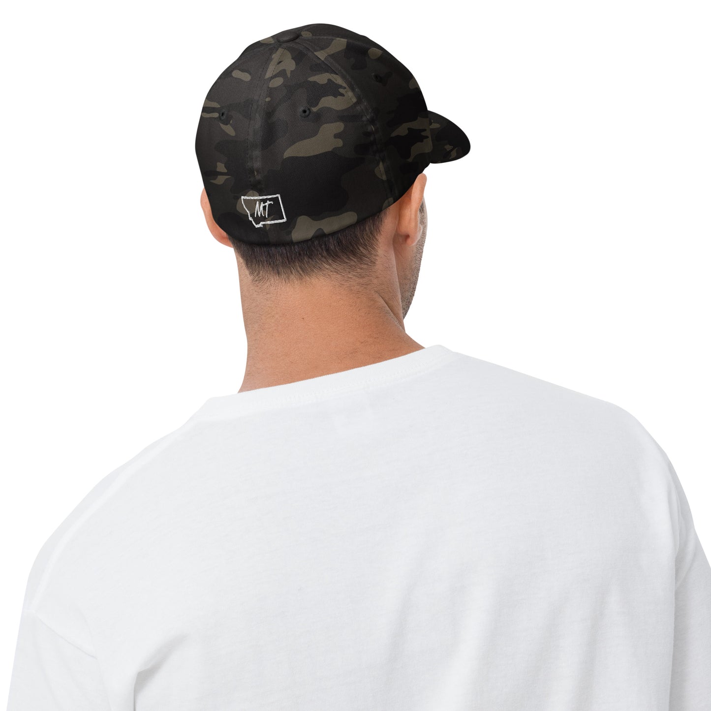 Back-Side view of Glacier National Park in Montana Multicam Charcoal Men's Flexfit Cap from Park Attire