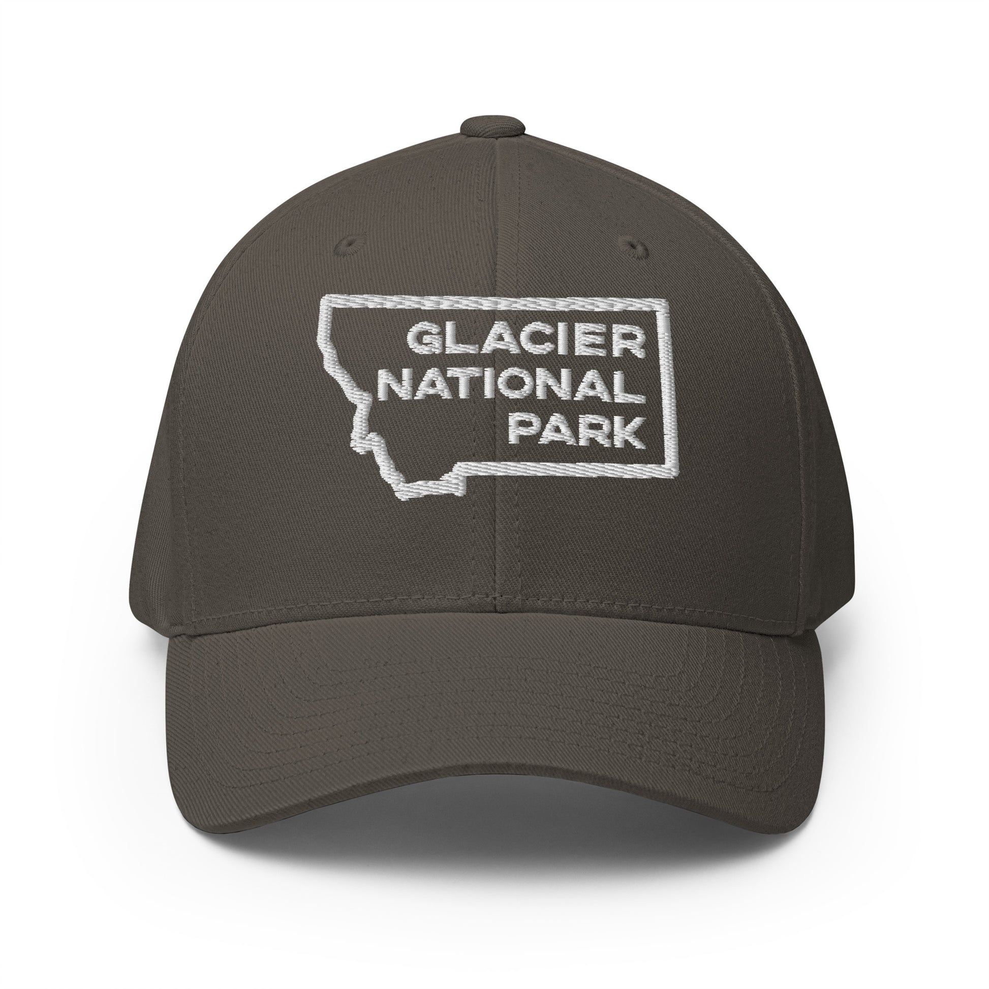 Front view of Glacier National Park in Montana Charcoal Men's Flexfit Hat from Park Attire