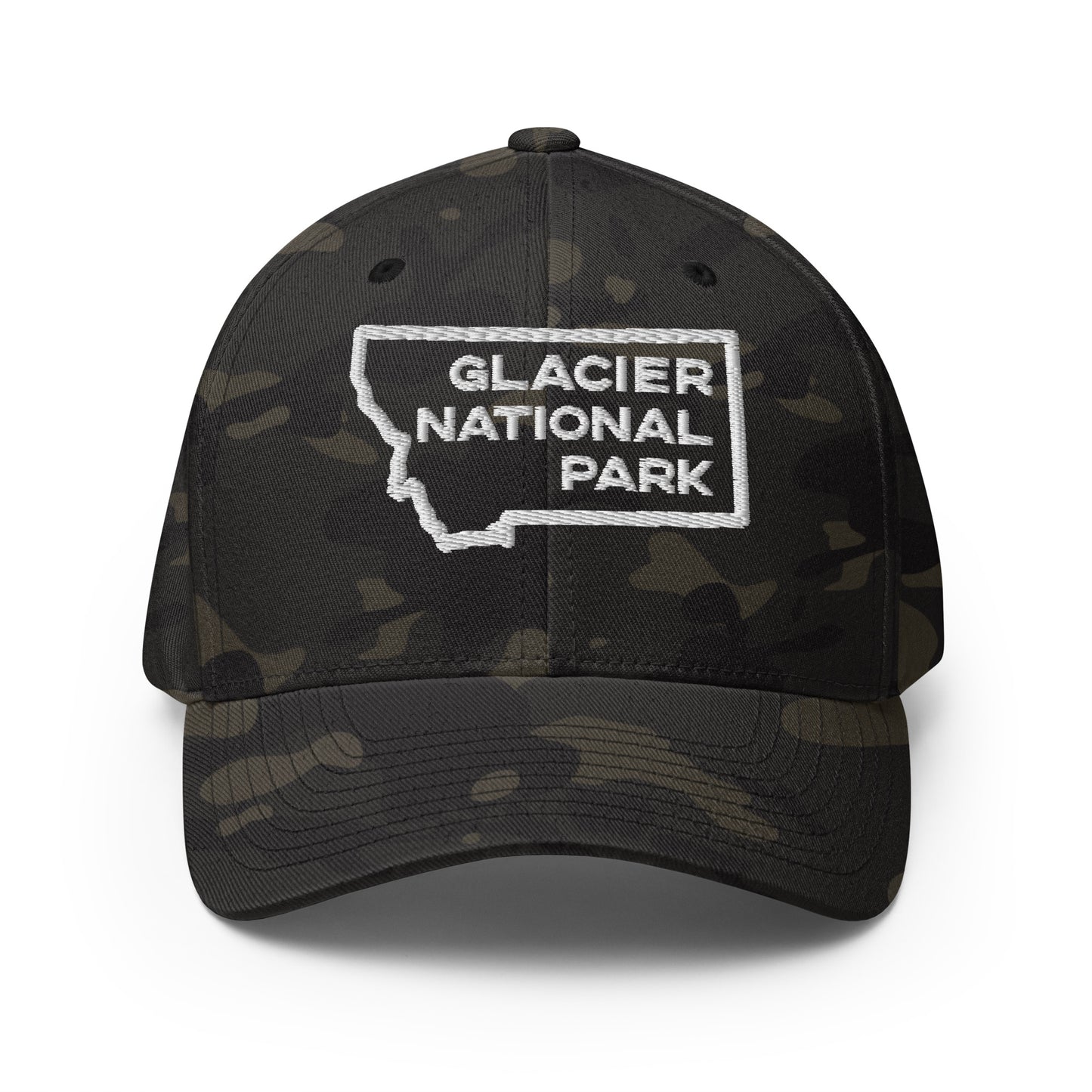 Front view of Glacier National Park in Montana Multicam Charcoal Men's Flexfit Hat from Park Attire