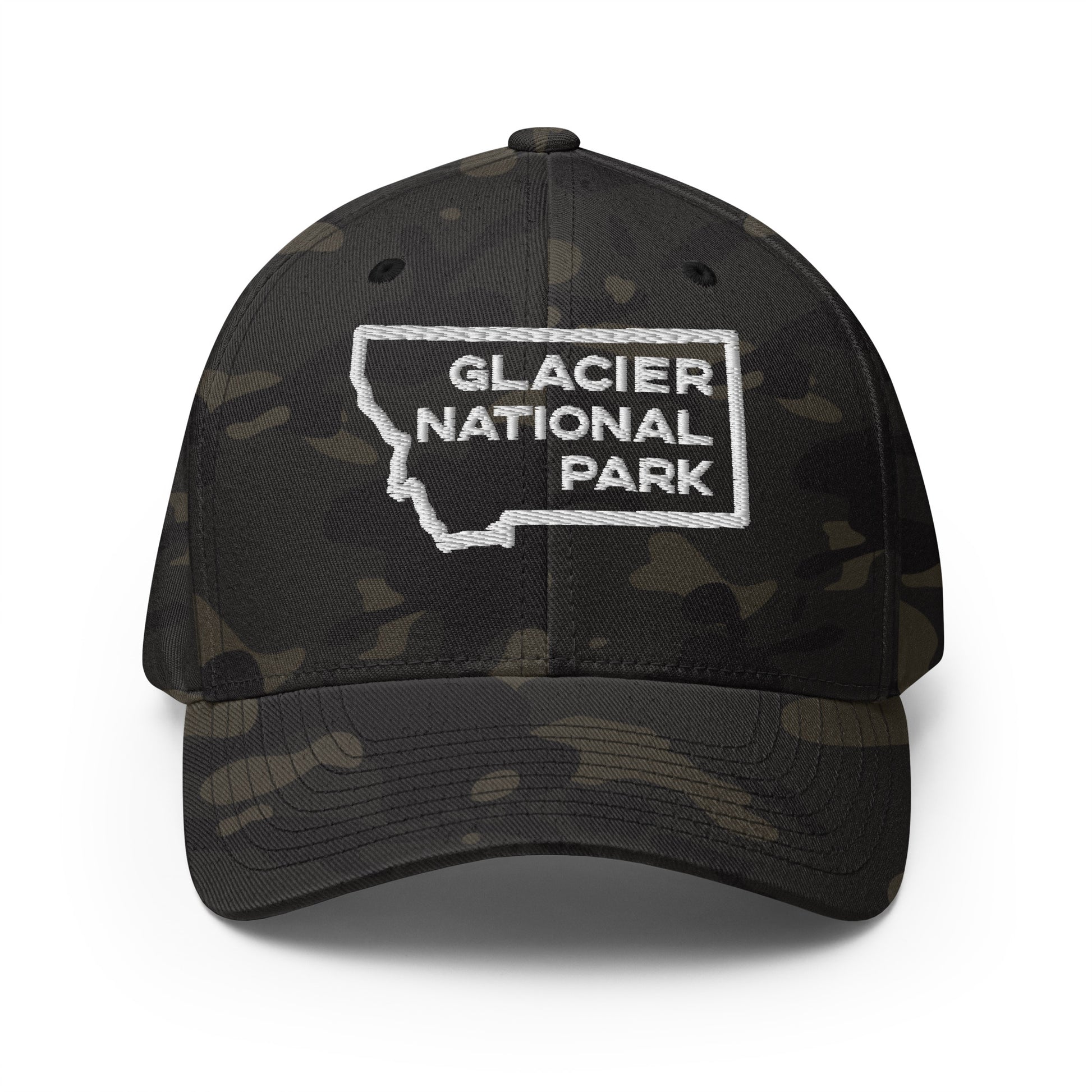 Front view of Glacier National Park in Montana Multicam Charcoal Men's Flexfit Hat from Park Attire