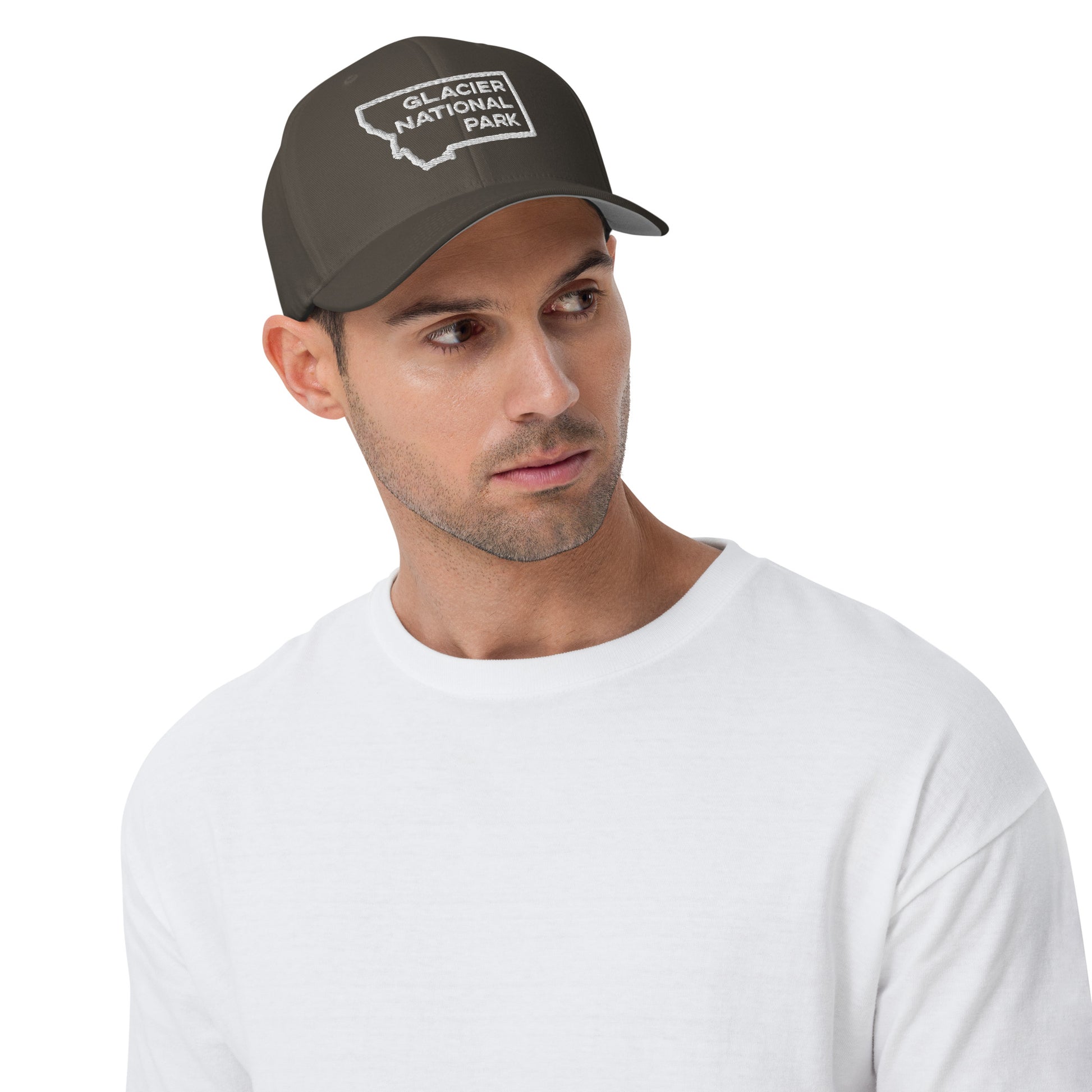 Front-Side view of Glacier National Park in Montana Charcoal Men's Structured Cap from Park Attire