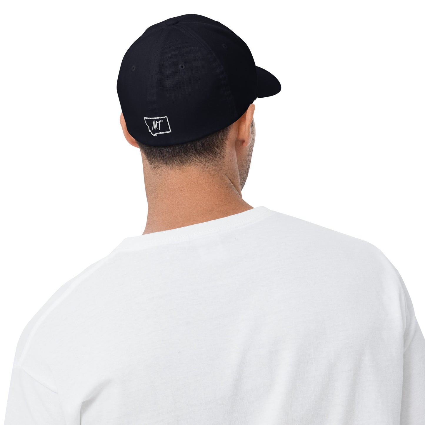 Back-Side view of Glacier National Park in Montana Dark Navy Men's Flexfit Cap from Park Attire