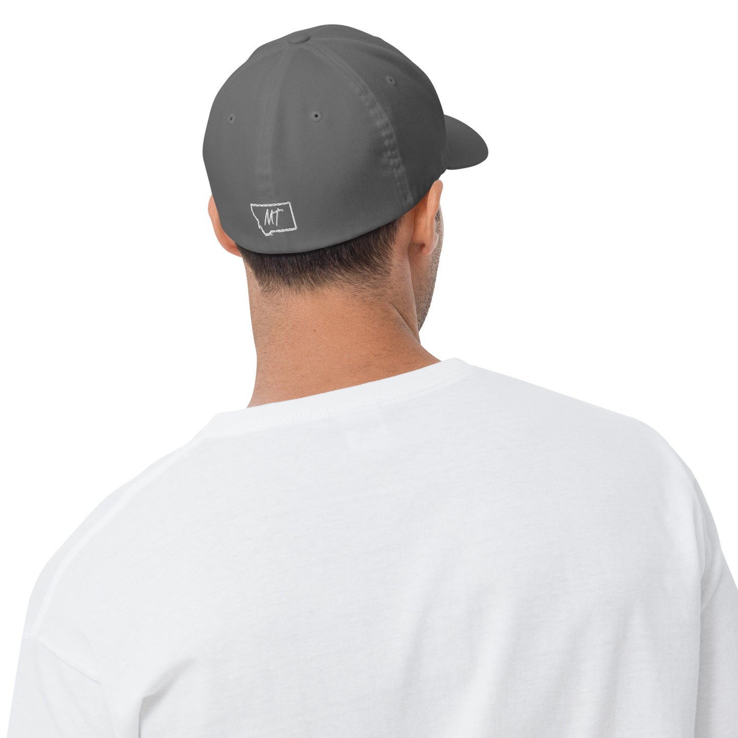 Back-Side view of Glacier National Park in Montana Grey Men's Flexfit Cap from Park Attire