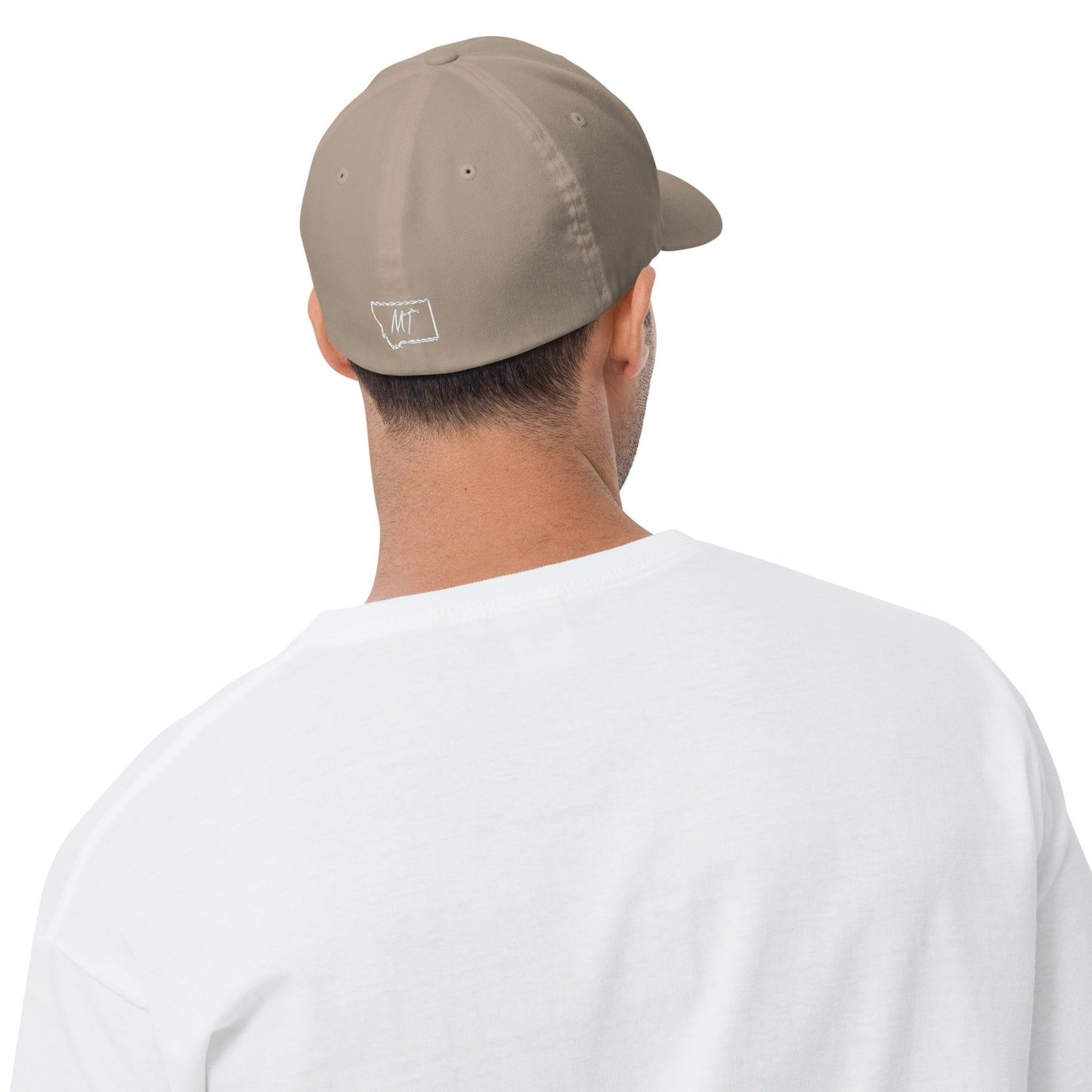 Back-Side view of Glacier National Park in Montana Khaki Men's Flexfit Cap from Park Attire