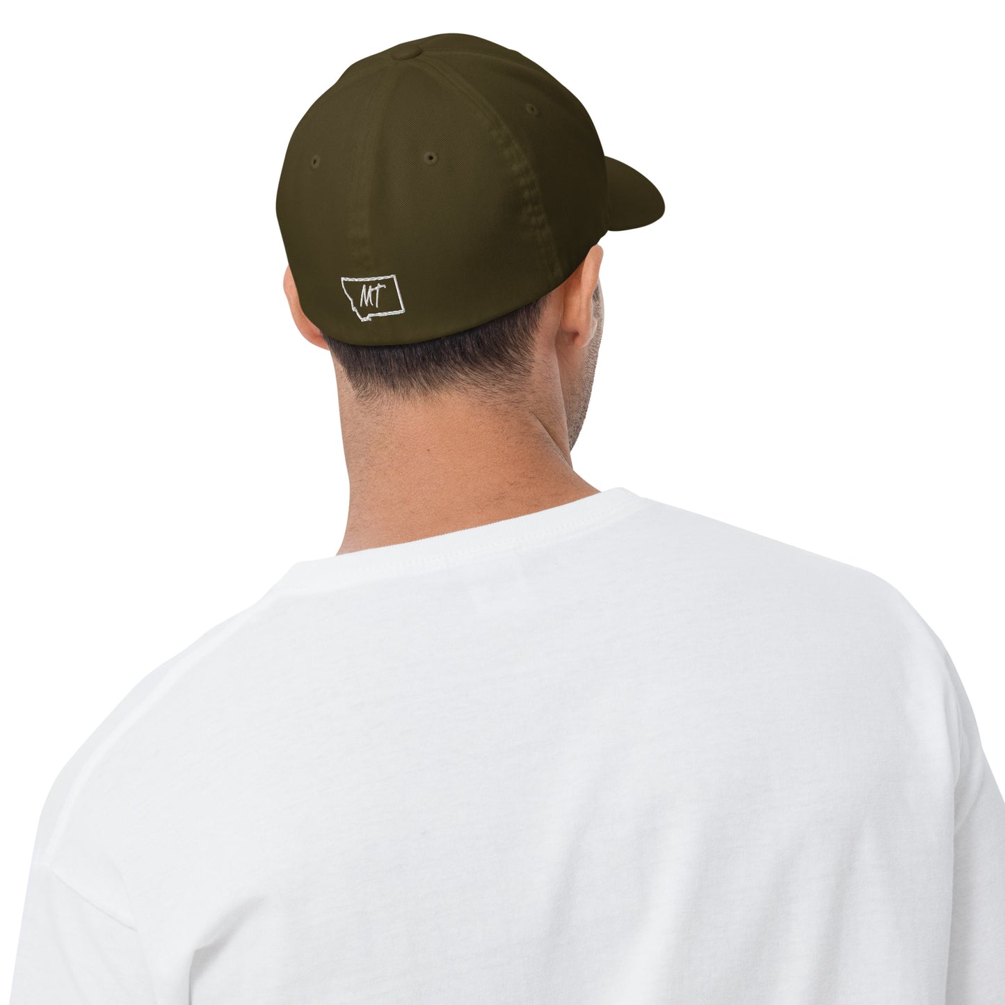 Back-Side view of Glacier National Park in Montana Olive Men's Flexfit Cap from Park Attire