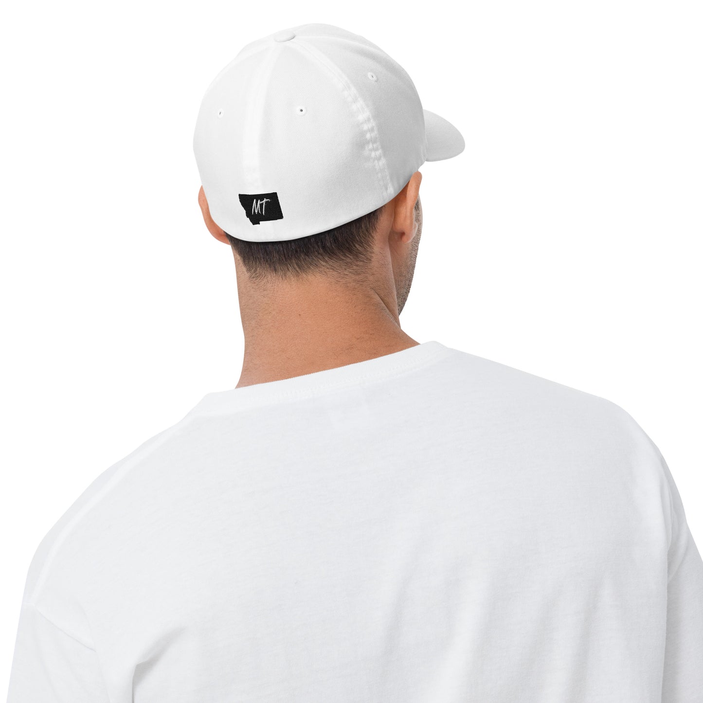 Back-Side view of Glacier National Park Montana White Men's Flexfit Cap from Park Attire