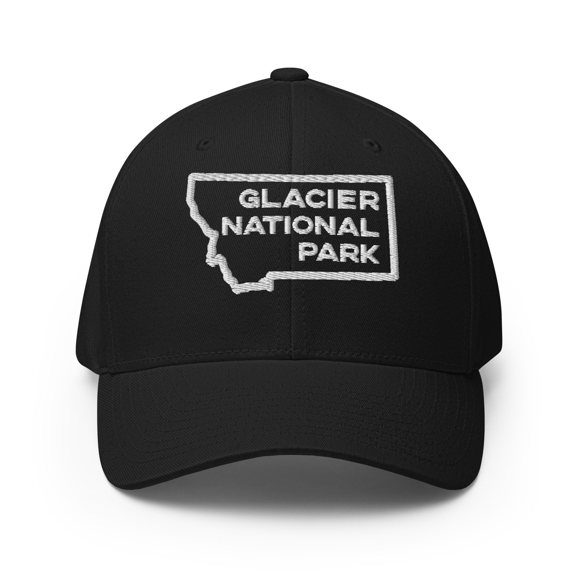 Front view of Glacier National Park in Montana Black Men's Flexfit Hat from Park Attire