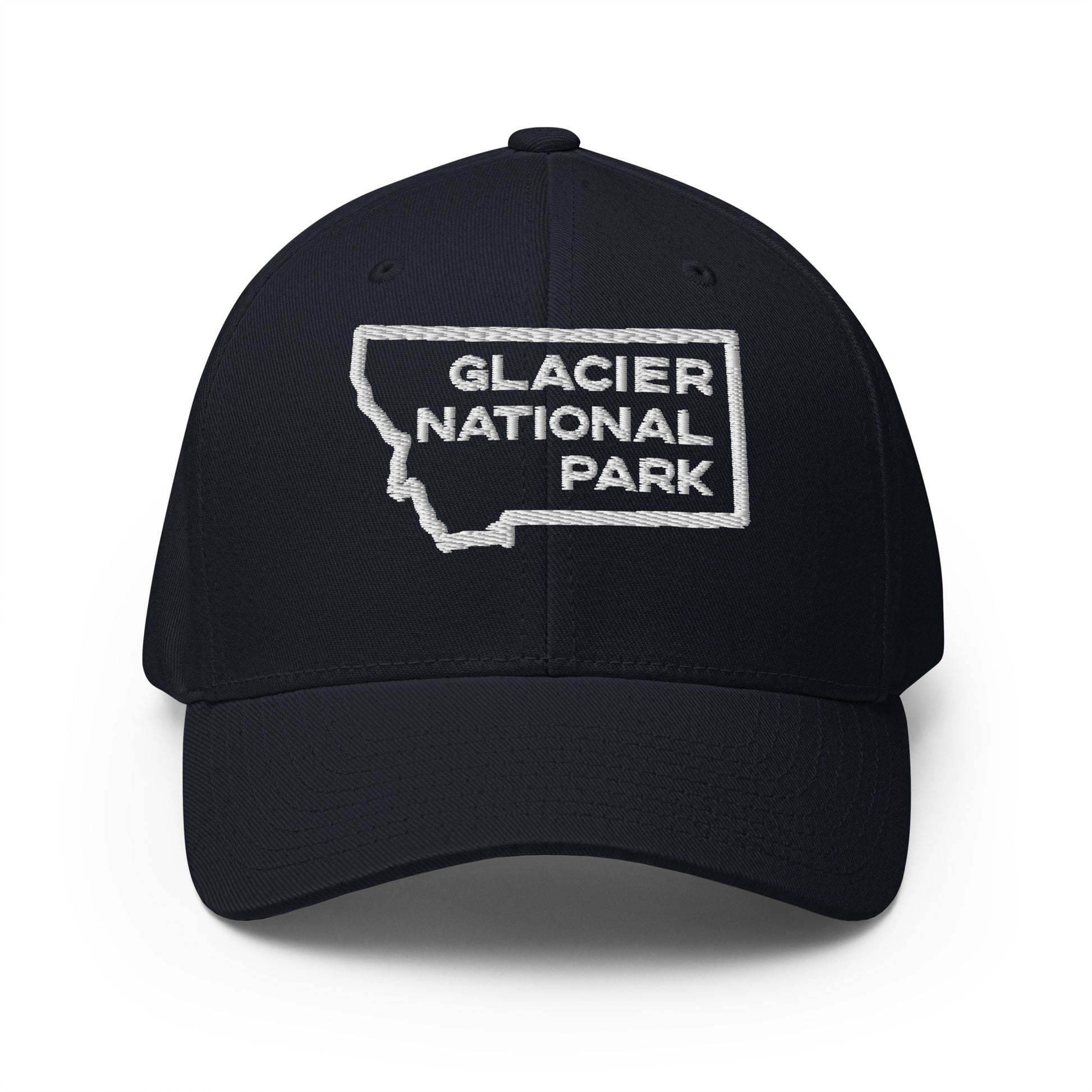 Front view of Glacier National Park in Montana Dark Navy Men's Flexfit Hat from Park Attire