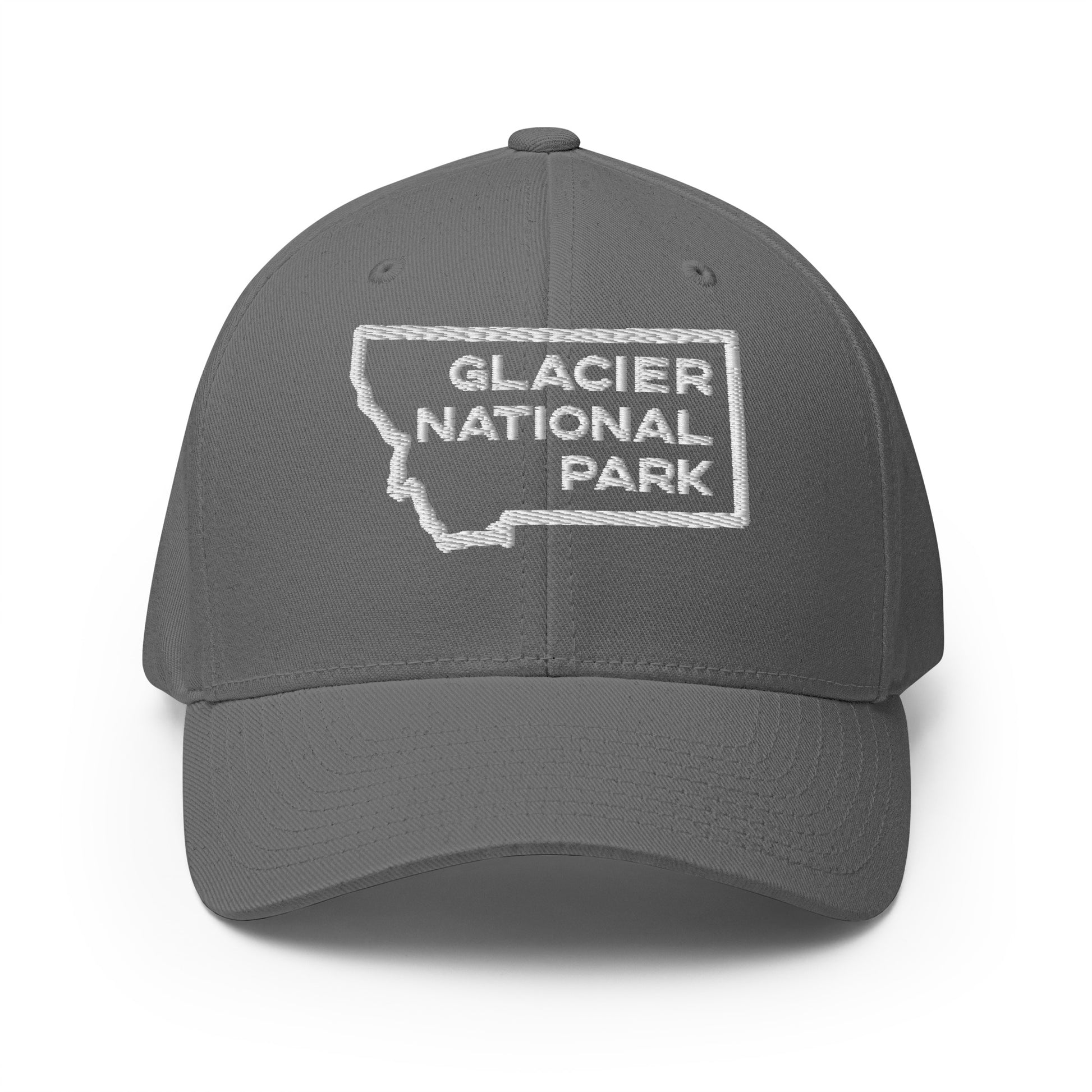 Front view of Glacier National Park in Montana Grey Men's Flexfit Hat from Park Attire