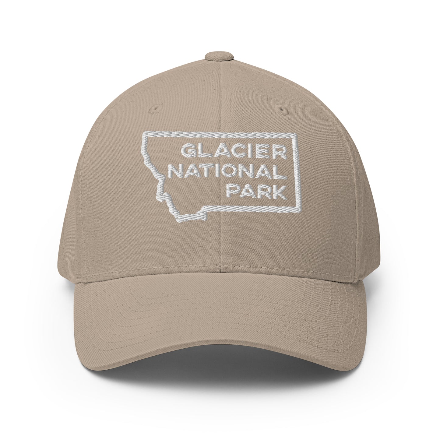 Front view of Glacier National Park in Montana Khaki Men's Flexfit Hat from Park Attire