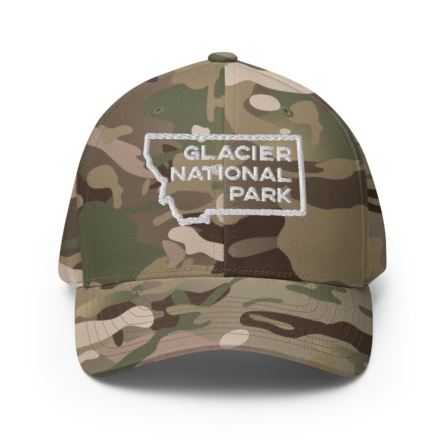 Front view of Glacier National Park in Montana Multicam Green Men's Flexfit Hat from Park Attire