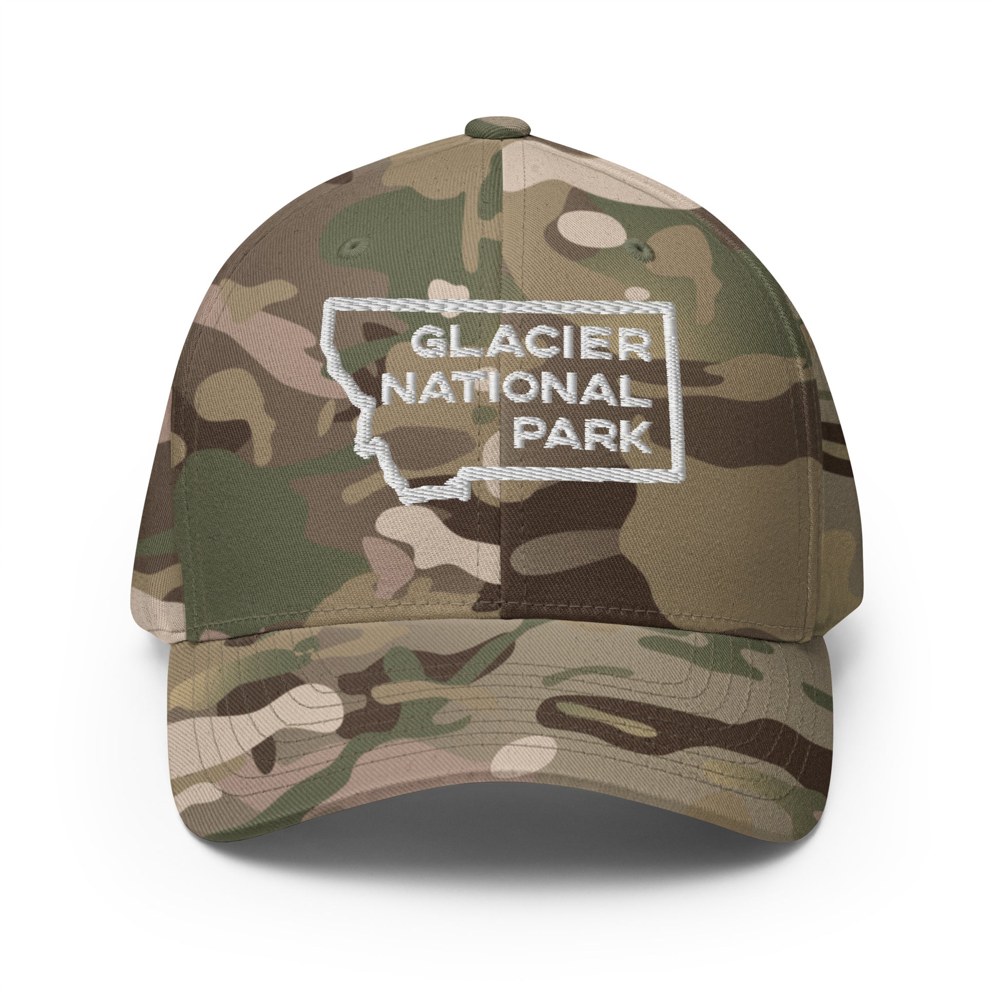Front view of Glacier National Park in Montana Multicam Green Men's Flexfit Hat from Park Attire
