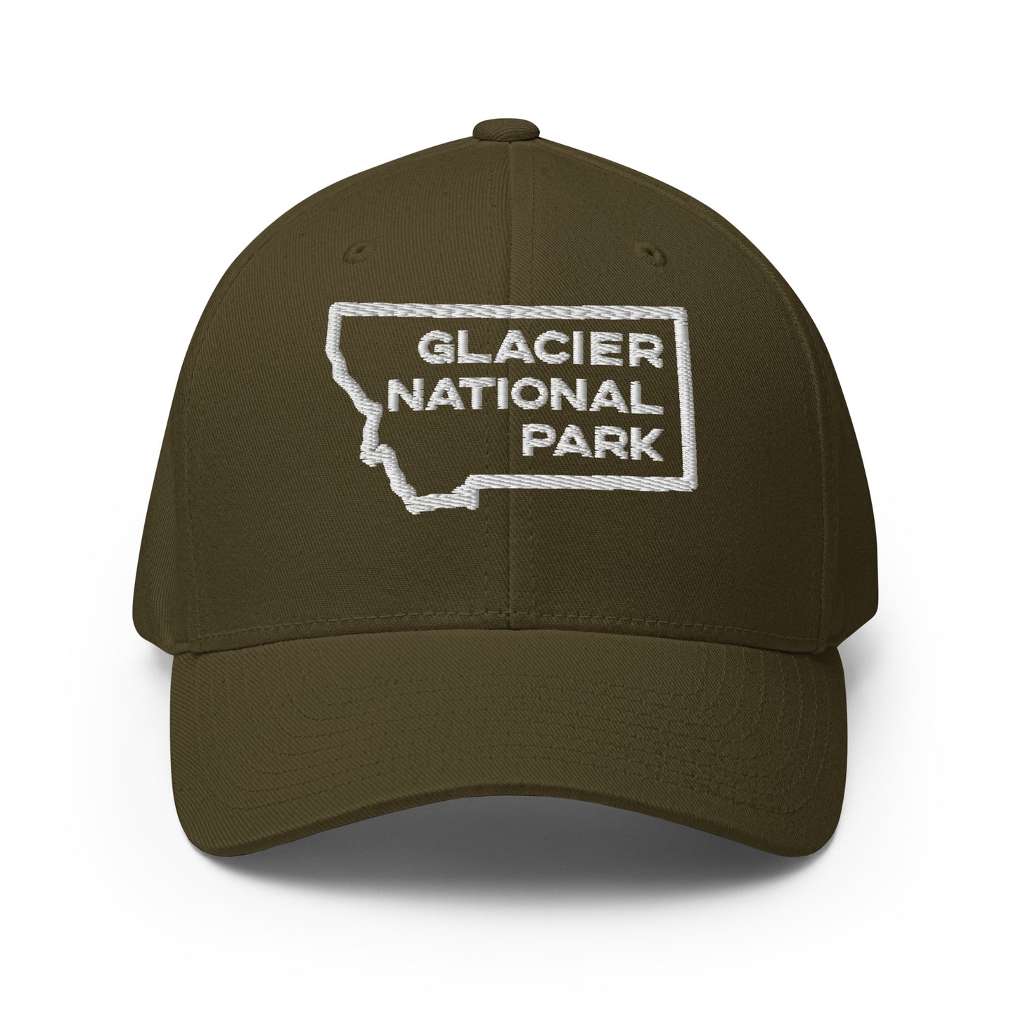 Front view of Glacier National Park in Montana Olive Men's Flexfit Hat from Park Attire
