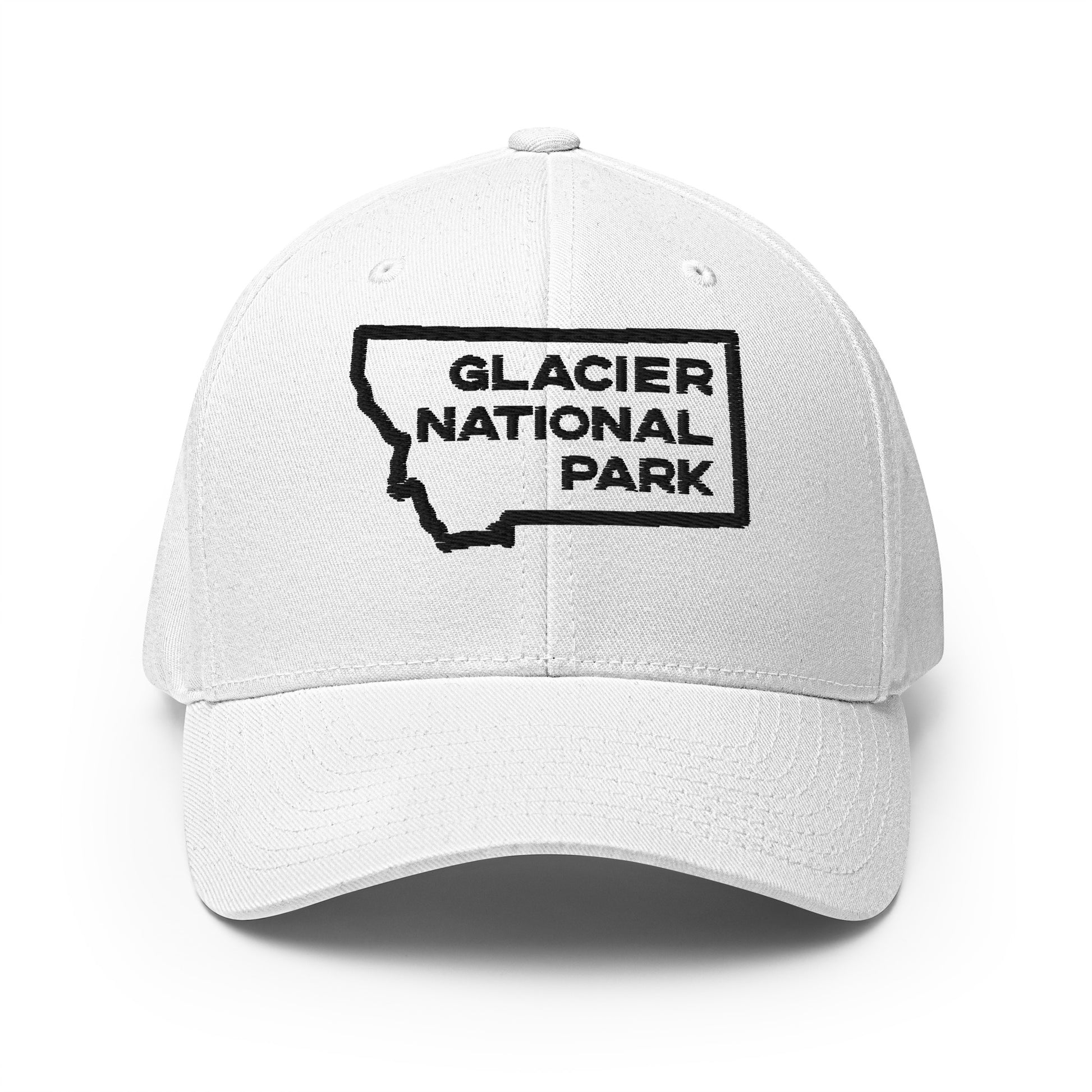 Front view of Glacier National Park in Montana White Men's Flexfit Hat from Park Attire