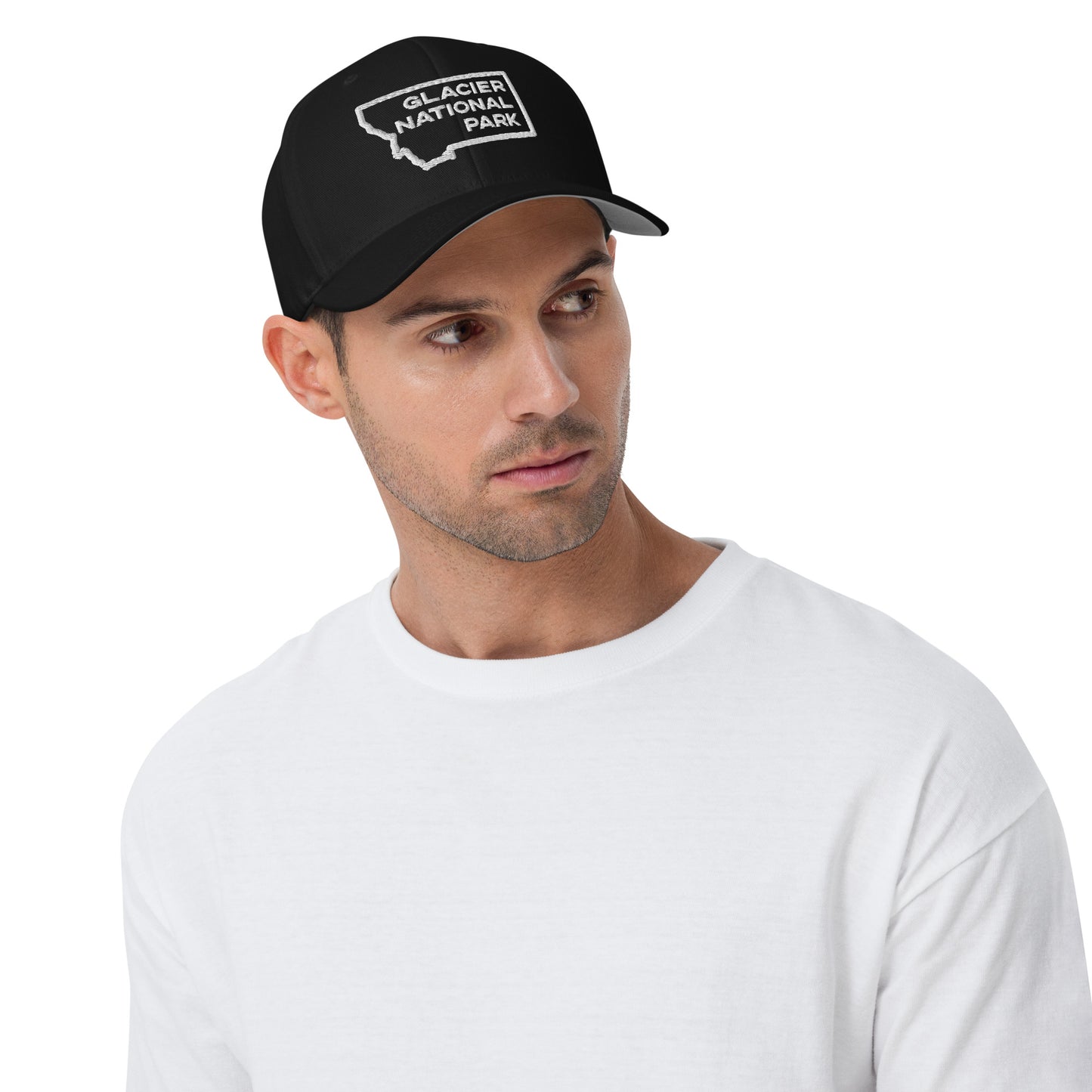 Front-Side view of Glacier National Park in Montana Black Men's Structured Cap from Park Attire