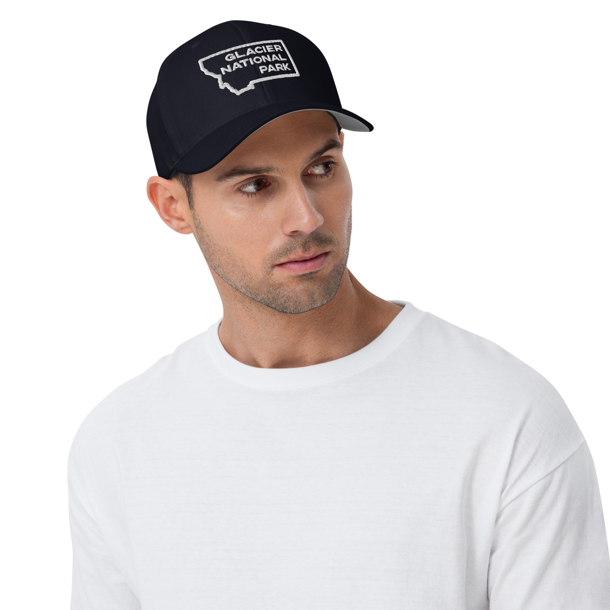 Front-Side view of Glacier National Park in Montana Dark Navy Men's Structured Cap from Park Attire