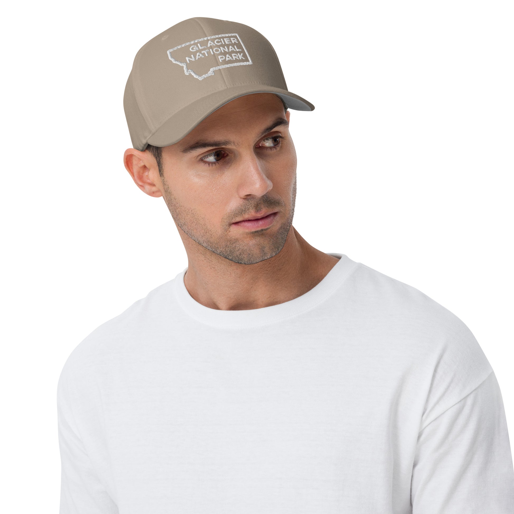 Front-Side view of Glacier National Park in Montana Khaki Men's Structured Cap from Park Attire