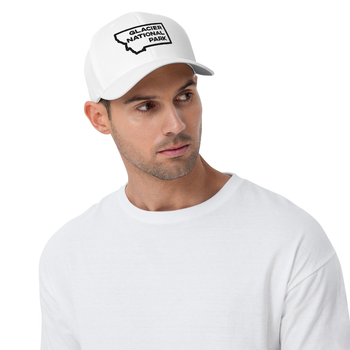 Front-Side view of Glacier National Park Montana White Men's Structured Cap from Park Attire