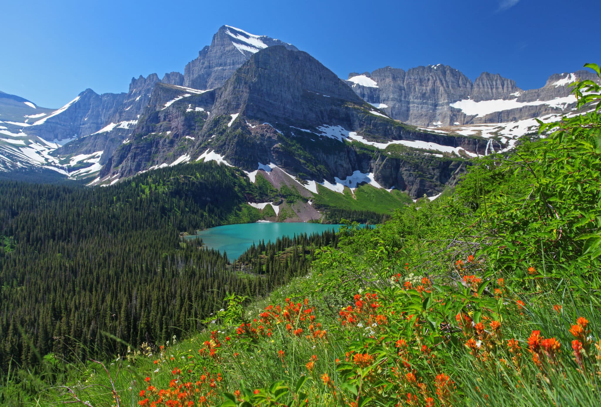 View of the mountains and lake in Glacier National Park Montana