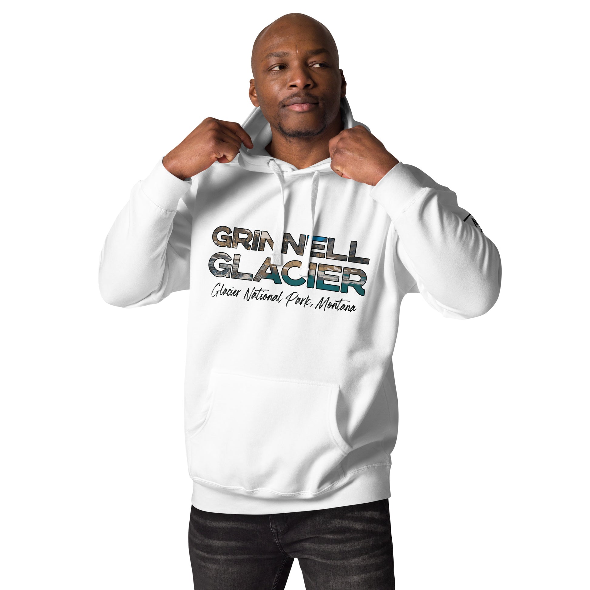 Front-Side view of Grinnell Glacier in Glacier National Park Montana White Men's Hoodie from Park Attire