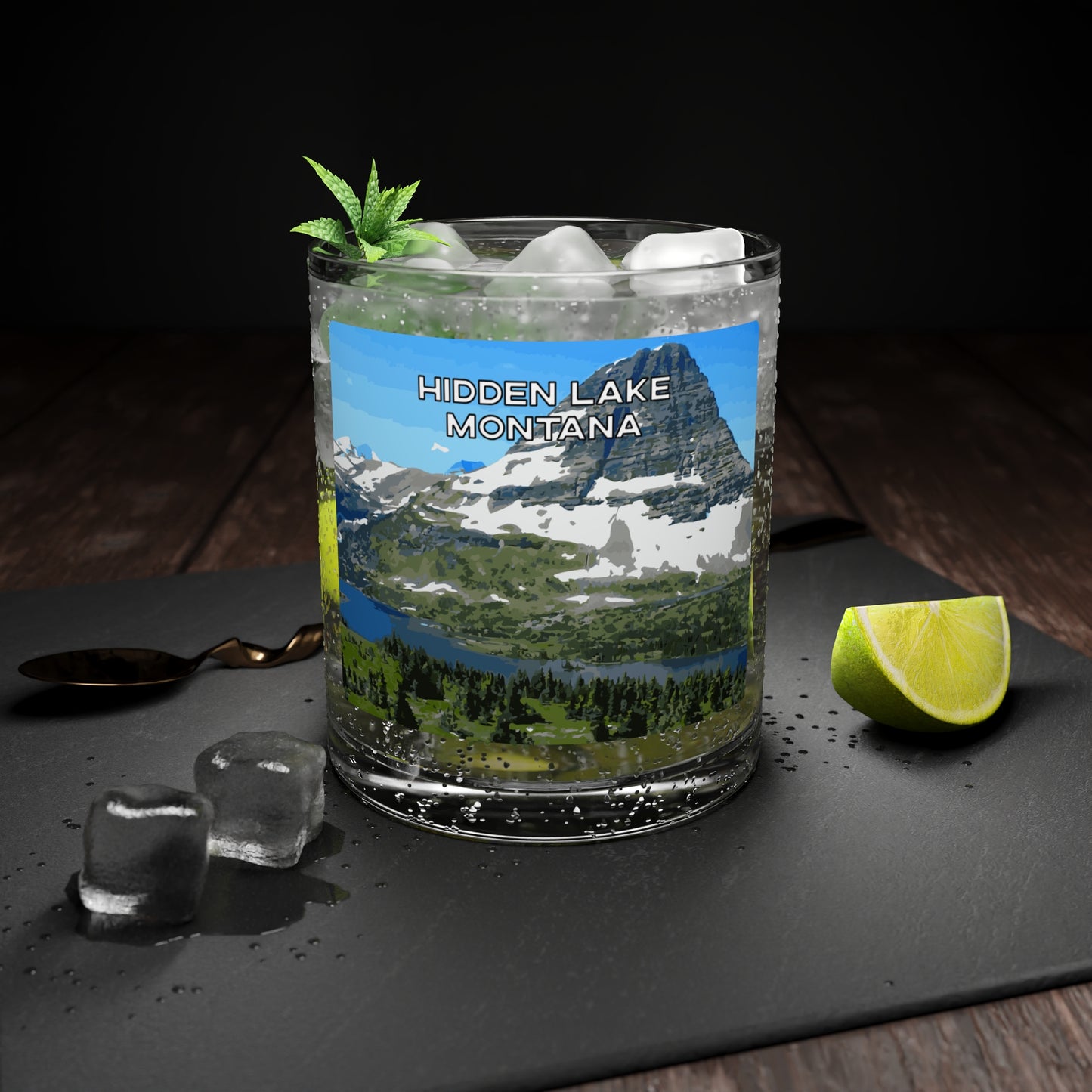 Front view of Hidden Lake in Glacier National Park Montana Scotch Glass from Park Attire