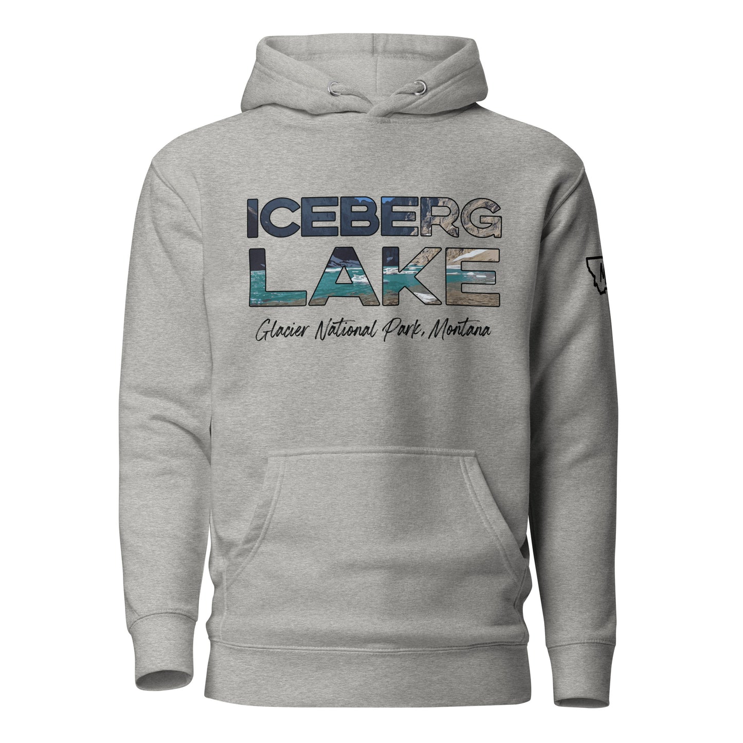 Front view of Iceberg Lake in Glacier National Park Montana Carbon Grey Hoodie from Park Attire
