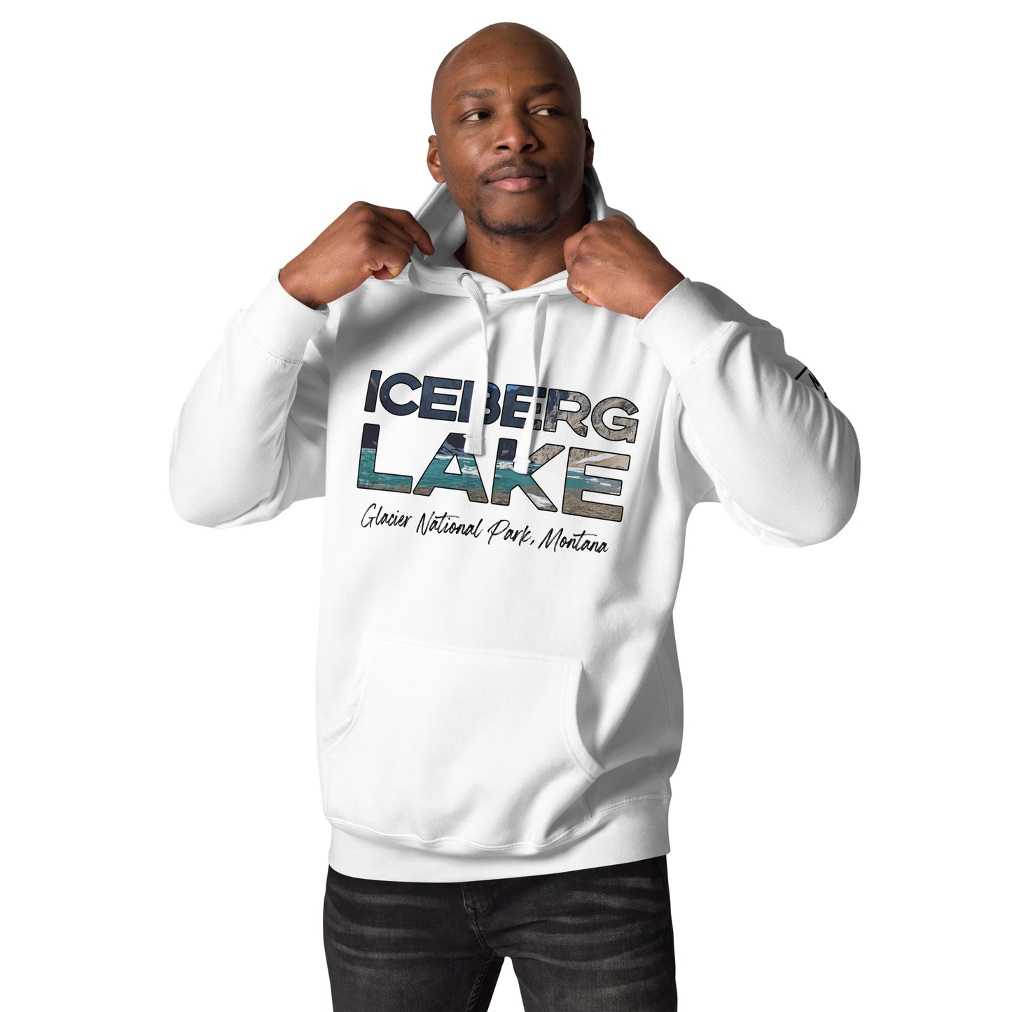 Front-Side view of Iceberg Lake in Glacier National Park Montana White Men's Hoodie from Park Attire