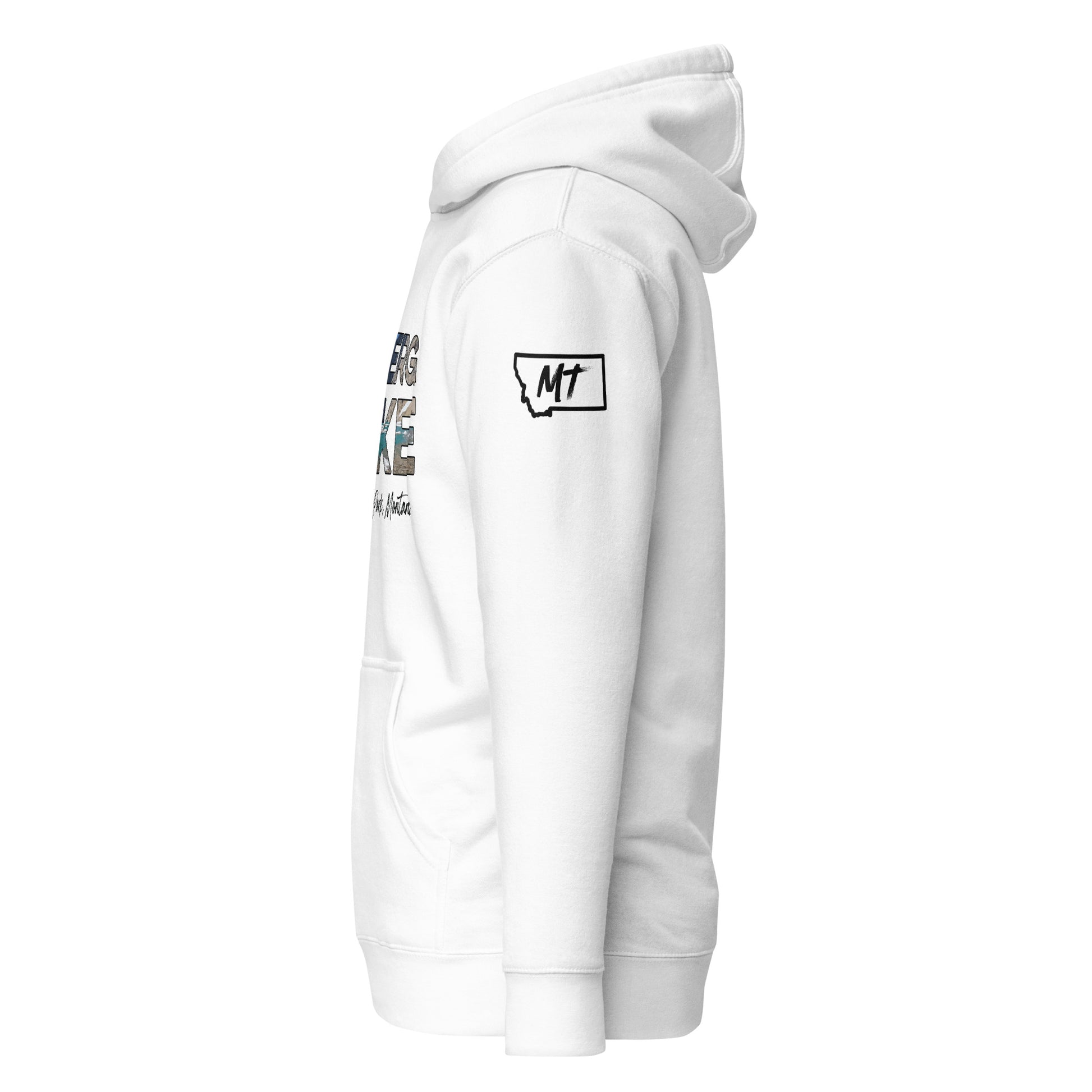 Left Side view of Iceberg Lake in Glacier National Park Montana White Soft Hoodie from Park Attire