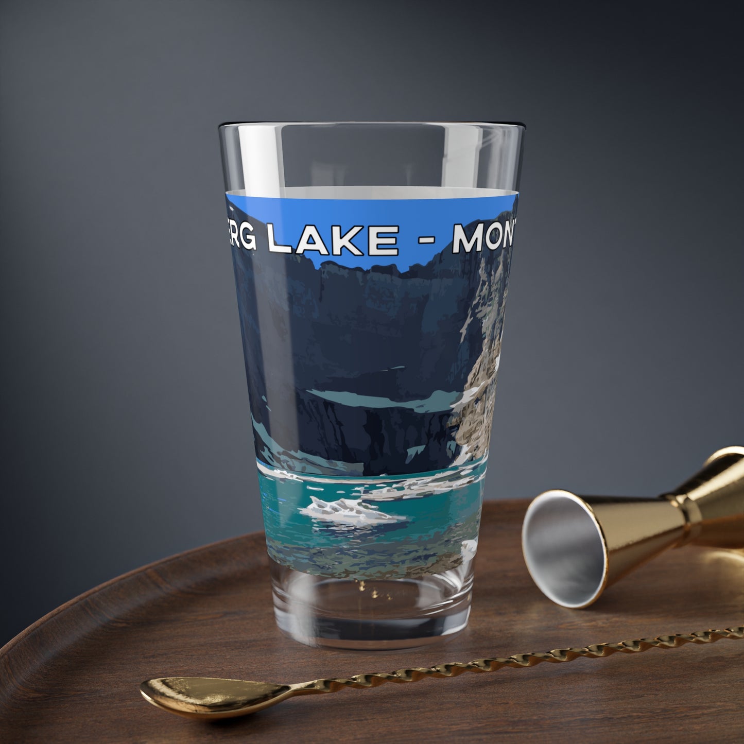 Front view of Iceberg Lake in Glacier National Park 16oz Beer Glass from Park Attire