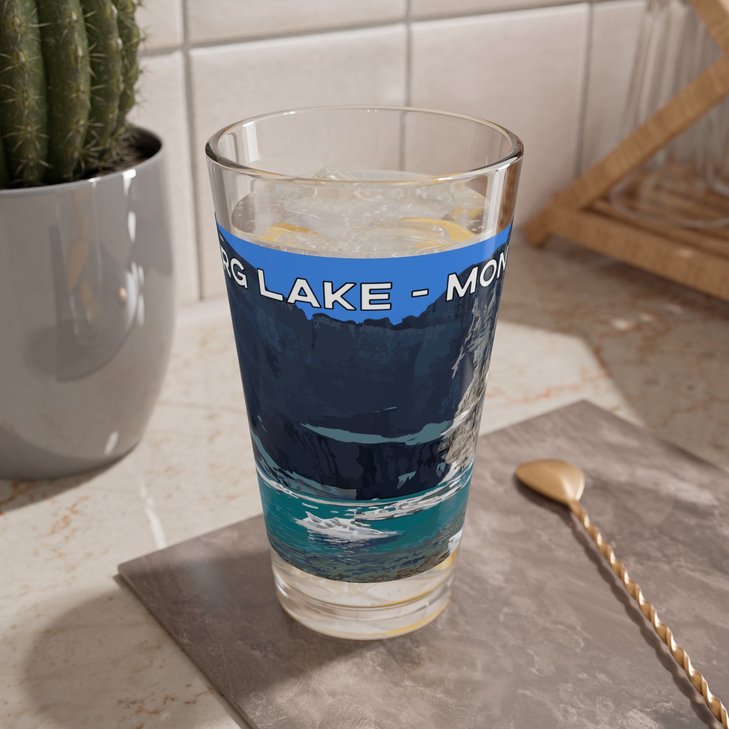 Front view of Iceberg Lake in Glacier National Park 16oz Beer Glassware from Park Attire