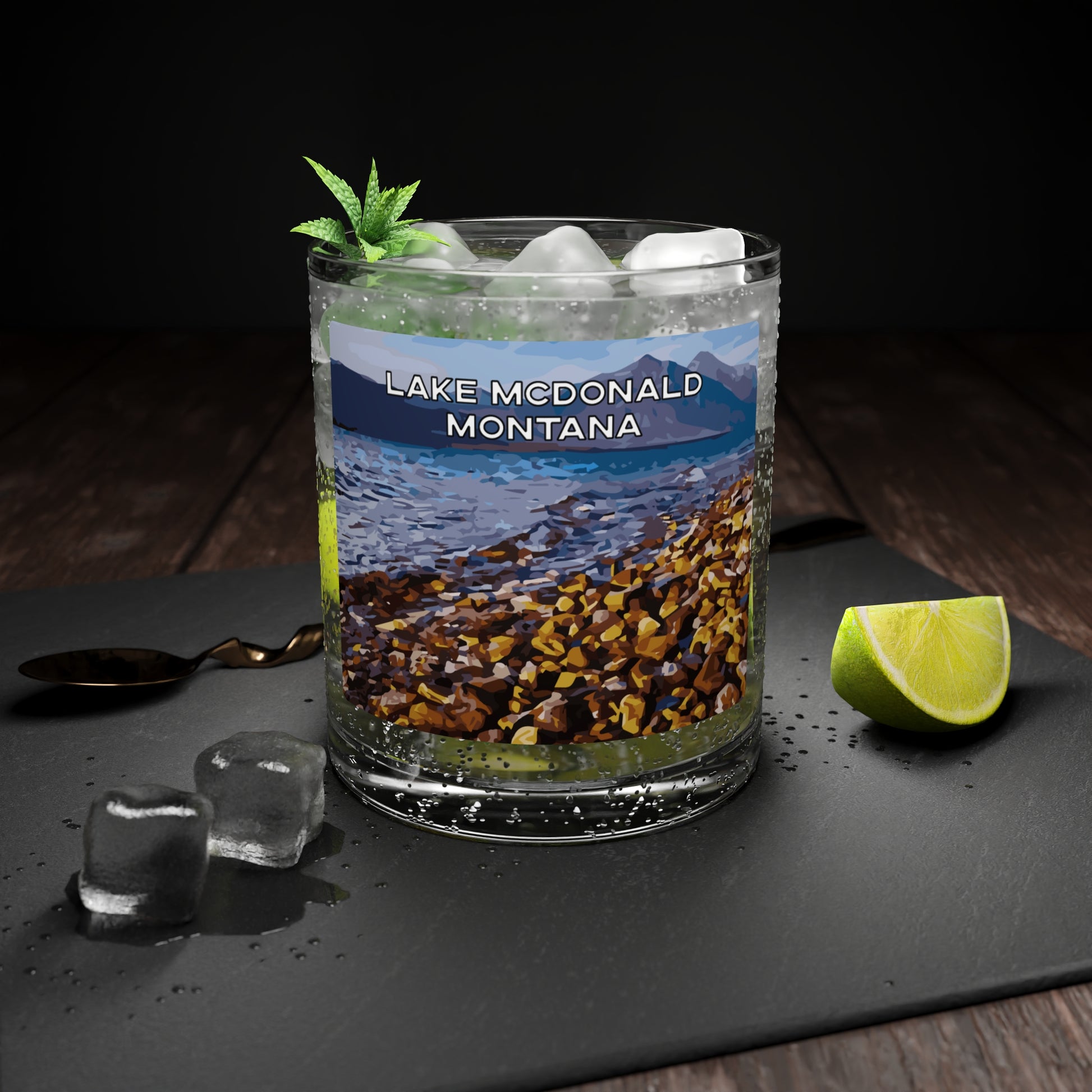 Front view of Lake McDonald in Glacier National Park Montana Scotch Glass from Park Attire
