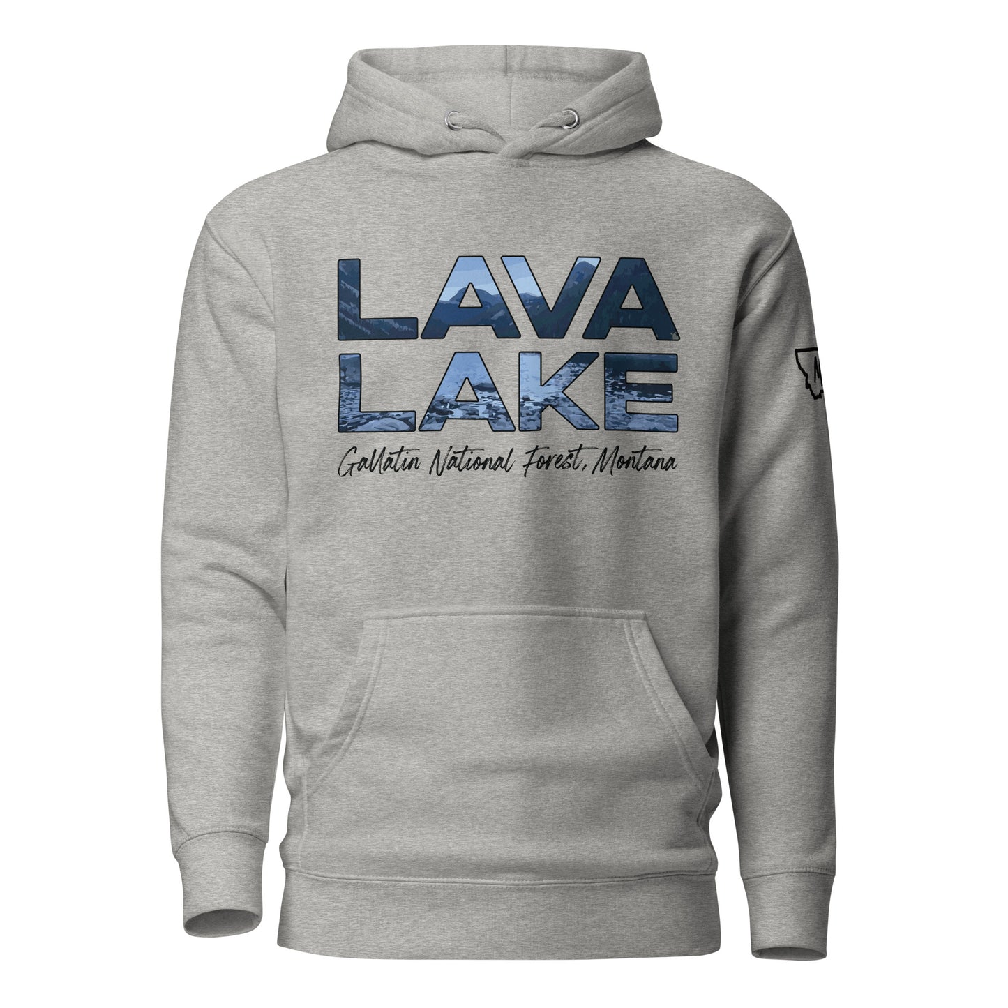 Front view of Lava Lake in Custer Gallatin National Forest Montana Carbon Grey Hoodie from Park Attire