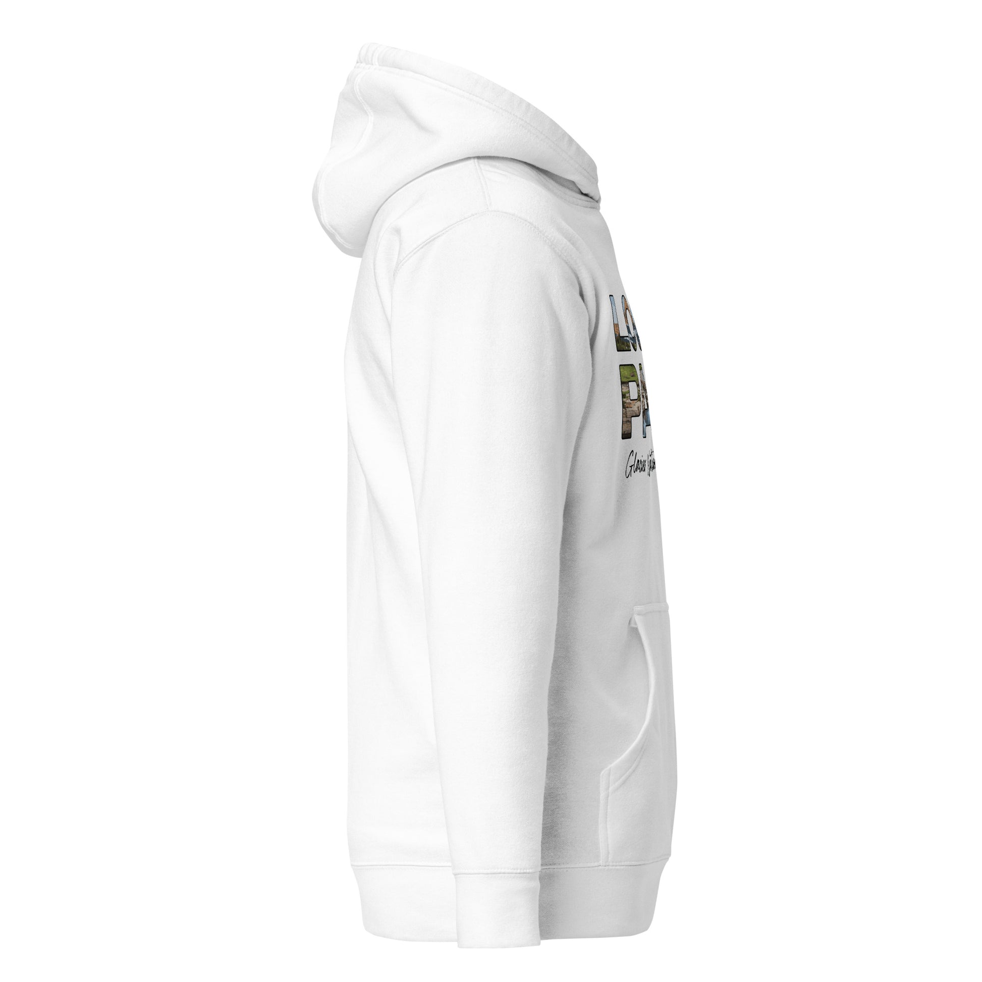 Right Side view of Logan Pass in Glacier National Park Montana White Cotton Hoodie from Park Attire